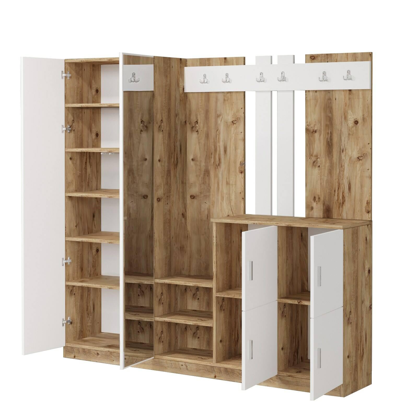 Dmora - Meuble d'entrée Media, Crochet d'entrée, Composition pour l'atrium, Console de Rangement Multifonction, 187x38h180 cm, Chêne et Blanc