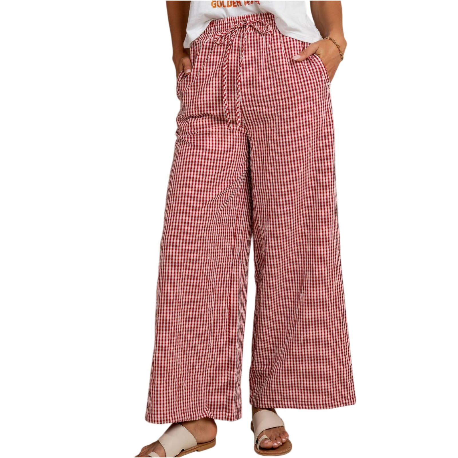 Womens Wide Leg Pants Casual Drawstring High Waisted Plaid Pants Elastic Waist Palazzo Lounge Trousers with Pockets