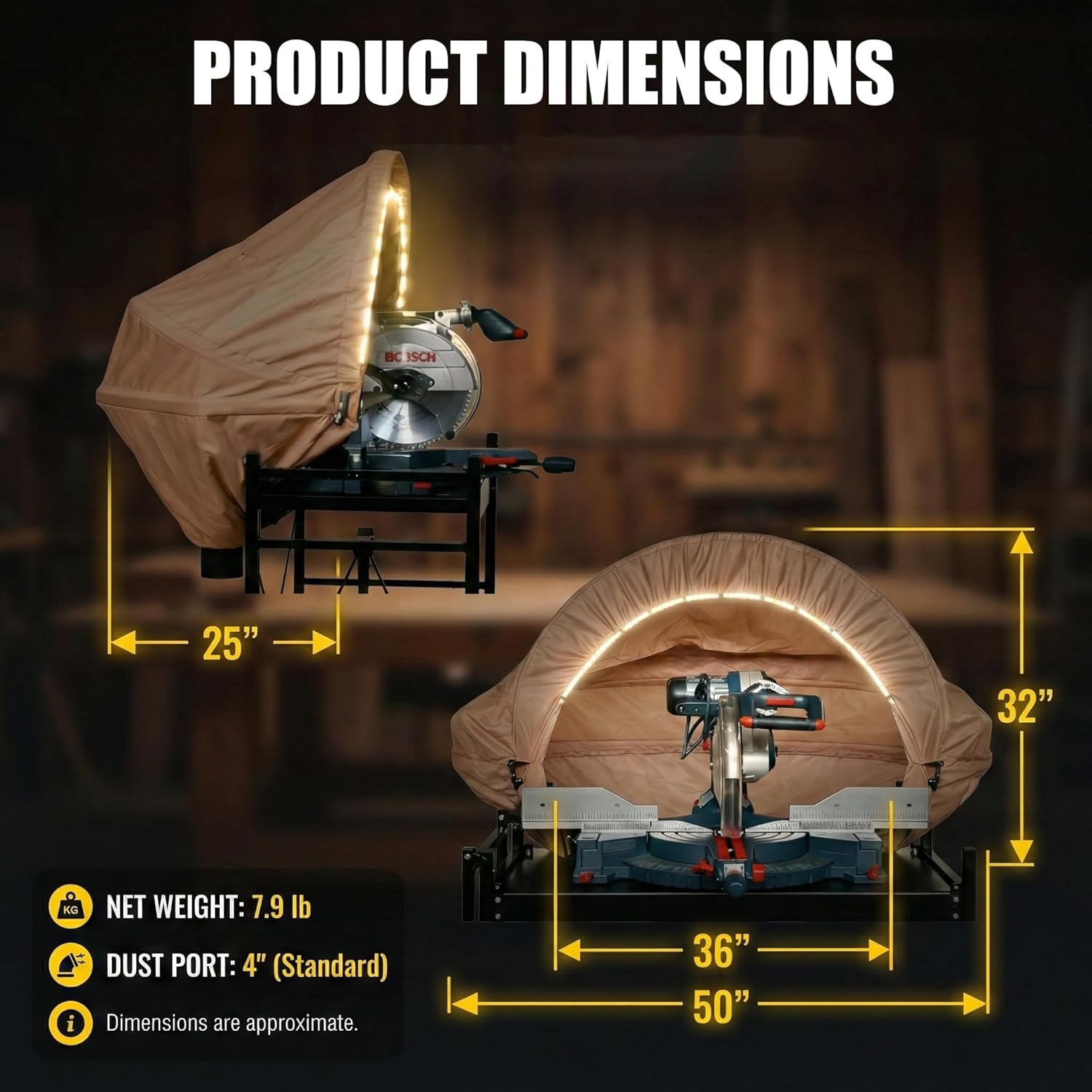 Miter Saw Dust Collection Hood with Light, Dust Solution for Miter Saws, Dust Collector, Accessory Holes, Universal Fit, Storage Bag - Khaki