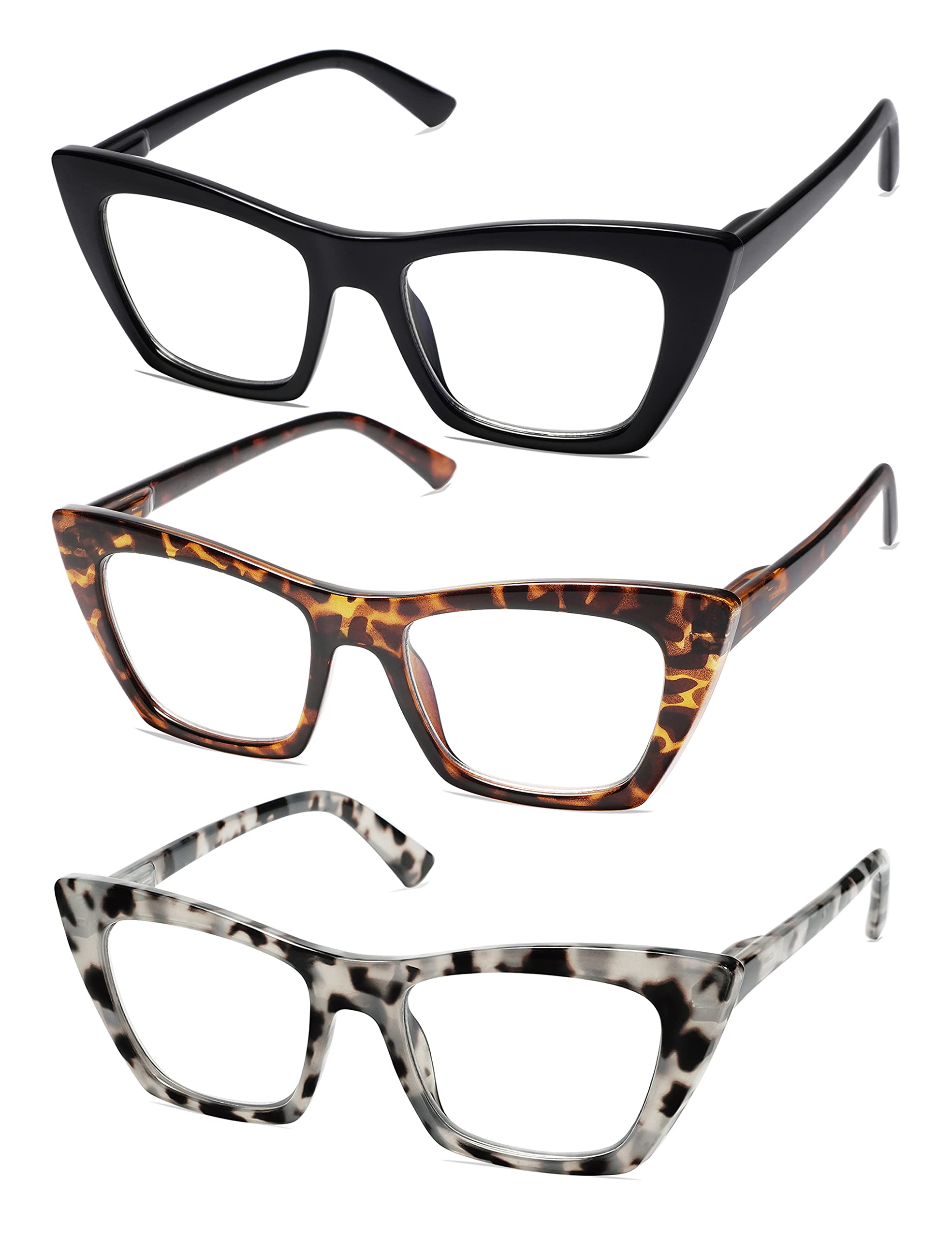 Lesebrille, übergroß, für Damen, Katzenauge, quadratisch, blaues Licht, Computerleser AM6028, C1 BLK+C2 Tortoise + C5, Schildkrötengrau, 52-19-145, 2 Stück