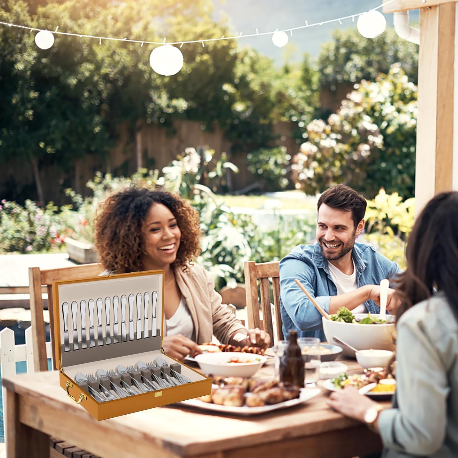 Wooden Silverware Chest without Silverware, Flatware Storage Box with Felt Lined, Silverware Organizer with Lid, Silverware Case for 12 Sets of Utensils, Walnut