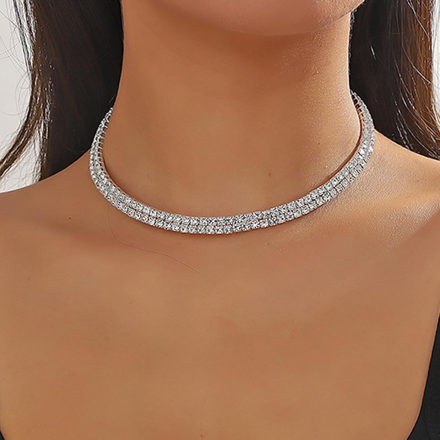Rhinestone Tennis Necklaces Silver Choker Necklace for Women Bling Collar Necklace for Woman Statement Round Prom Jewelry - Image 2