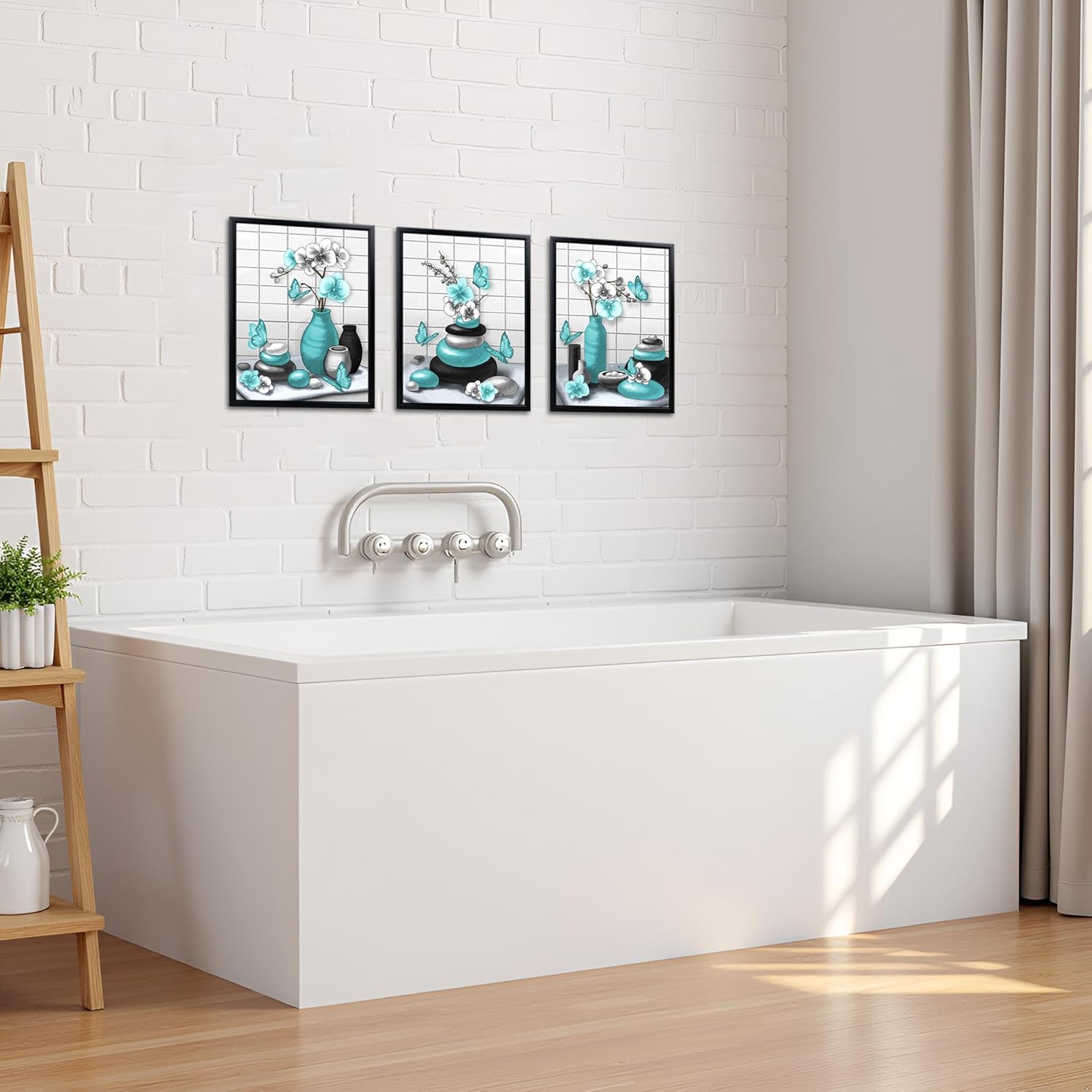 RnnJoile Teal and Grey Bathroom Decor Zen Stone Wall Art Orchid Flower Pictures Prints Modern Bath Decorations Black Frame 12x16 inch each piece