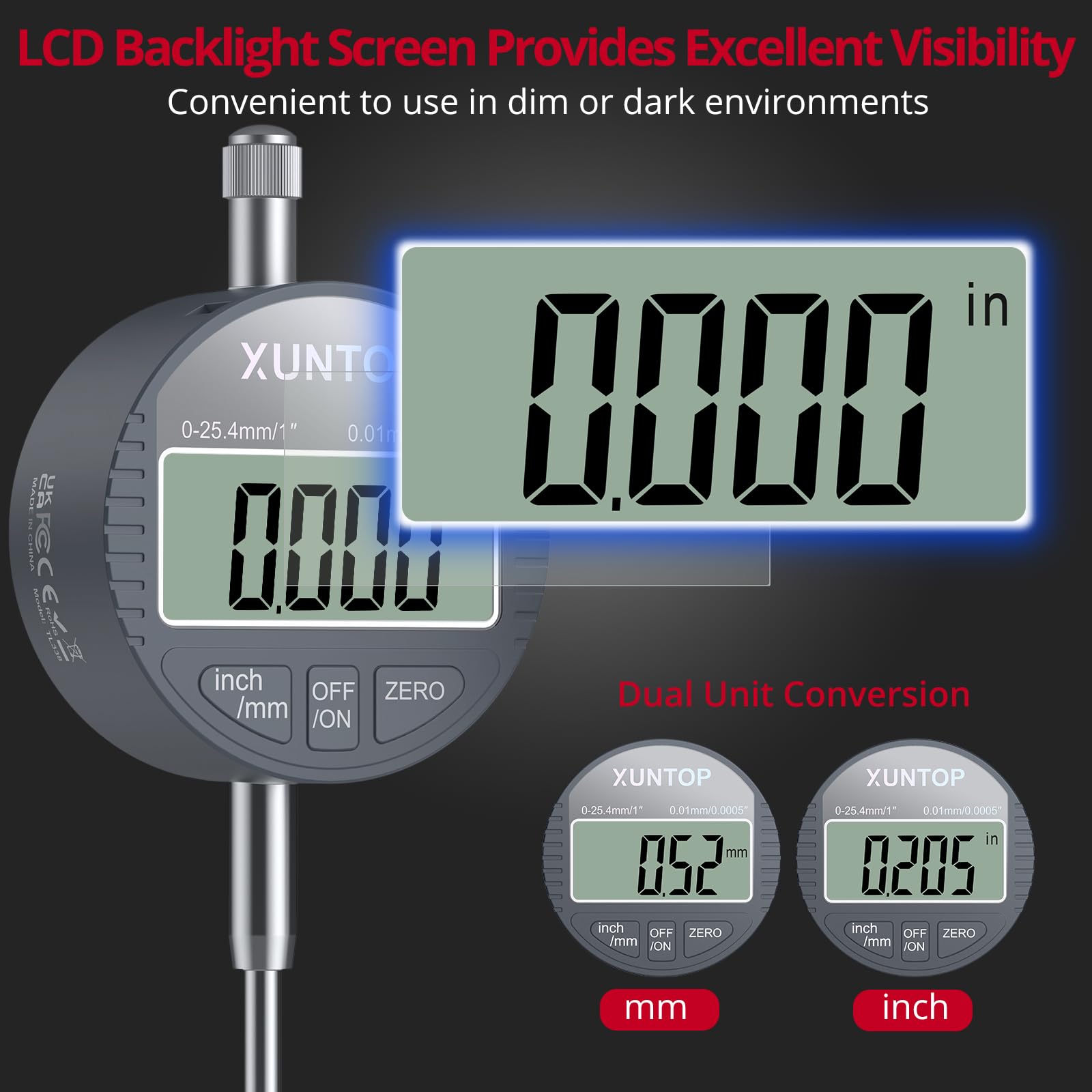 XUNTOP Comparateur magnétique numérique, base magnétique avec bras serpent flexible de 340 mm, comparateur professionnel 0,01 mm/0,0005" portable avec écran LCD pour atelier, tour, fraiseuse
