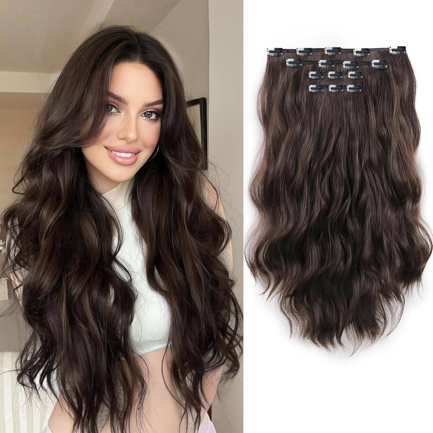 Clip in Hair Extensions 22 Inch Long Wavy Synthetic Fiber Clips ins Extension 4PCS Hairpieces Breathable and Fake pieces for women Dark Brown