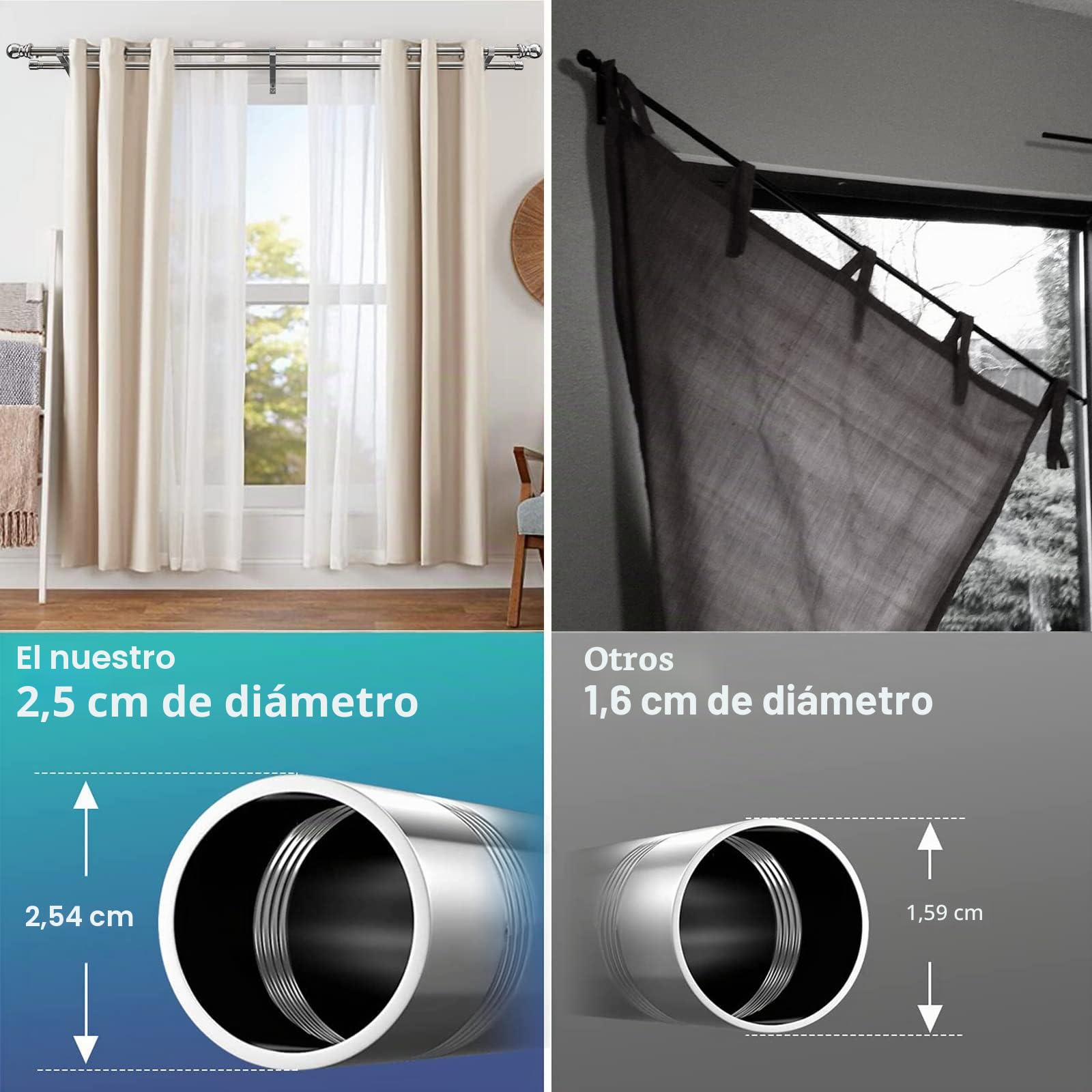 Barra de cortina de metal extensible, acero inoxidable plateado, 76-332 cm, barra de cortina de oscurecimiento para cortinas opacas y de gasa