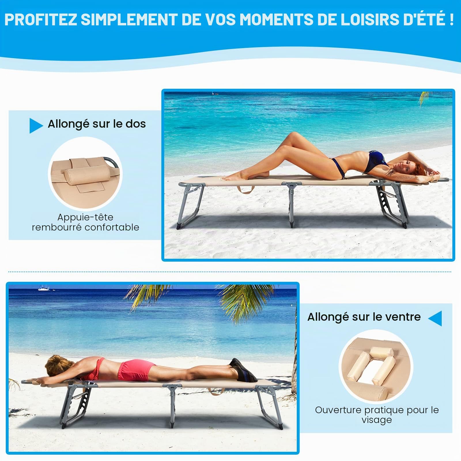 GIANTEX Chaise Longue Pliante avec Trou de Lecture, Transat Bain de Soleil Inclinable Ergonomie Oreiller Amovible 5 Positions Réglables, Transat de Jardin pour Jardin, Piscine, Terrasse (Beige)