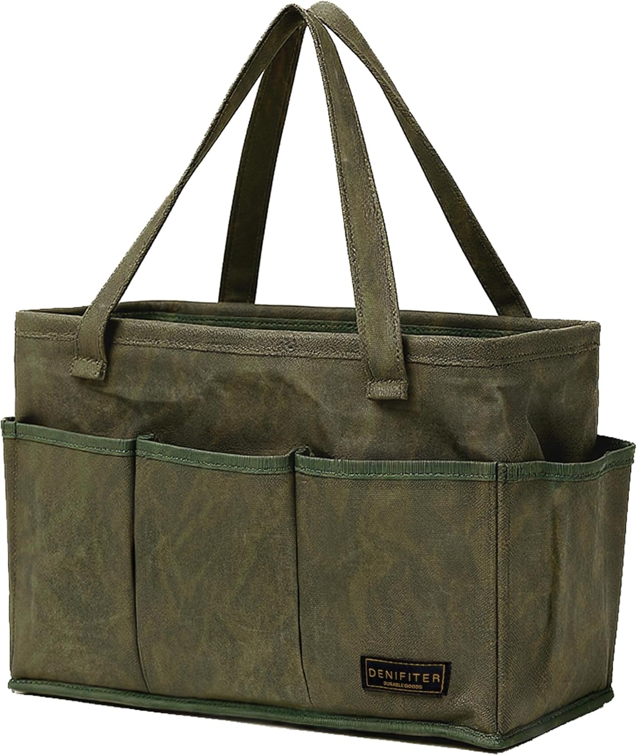 Denifiter Heavy-Duty 16-oz Waxed Canvas Tool Bag with Metal Frame - Collapsible Organizer Tote Bag(Khaki | 15.5"x7.5"x10.5")