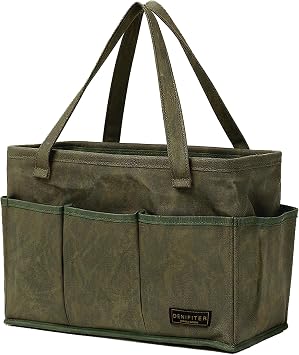Tool Bag with Metal Frame, Waxed Canvas Wide Open Top Tool Tote Bag with 9 External Pockets, 15.5 x 7.5 x 10.5 Inches ArmyGreen