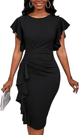 Womens Short Ruffle Sleeve Church Dress 50S Vintage Crew Neck Bodycon Work Pencil Midi Dress