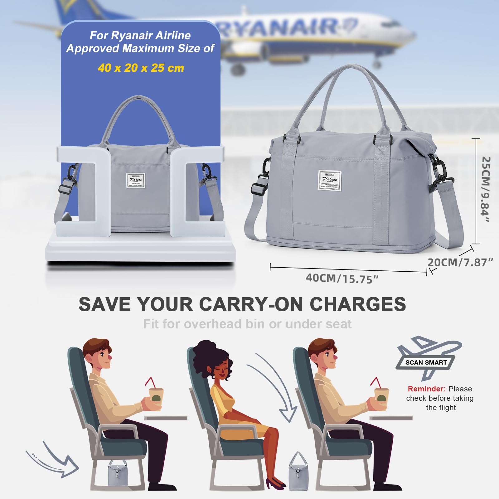 WEPLAN Borsa da Viaggio Donna Borsa da Viaggio Aereo 40x20x25 Ryanair Bagaglio a Mano Borsa Sportiva Unisex Weekender con Scomparto per le Scarpe Borsone Palestra Donna Ospedale Impermeabile,Grigio