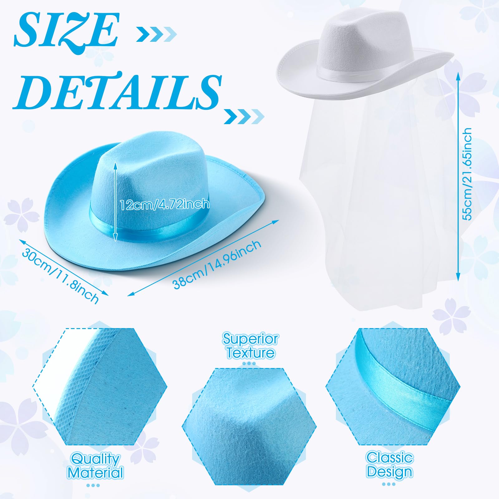 Unittype 14 Pcs Bridal Cowgirl Party Set Heart Glasses Bride Cowboy Hats for Bachelorette Party Bridal Wedding Shower (Blue, White)