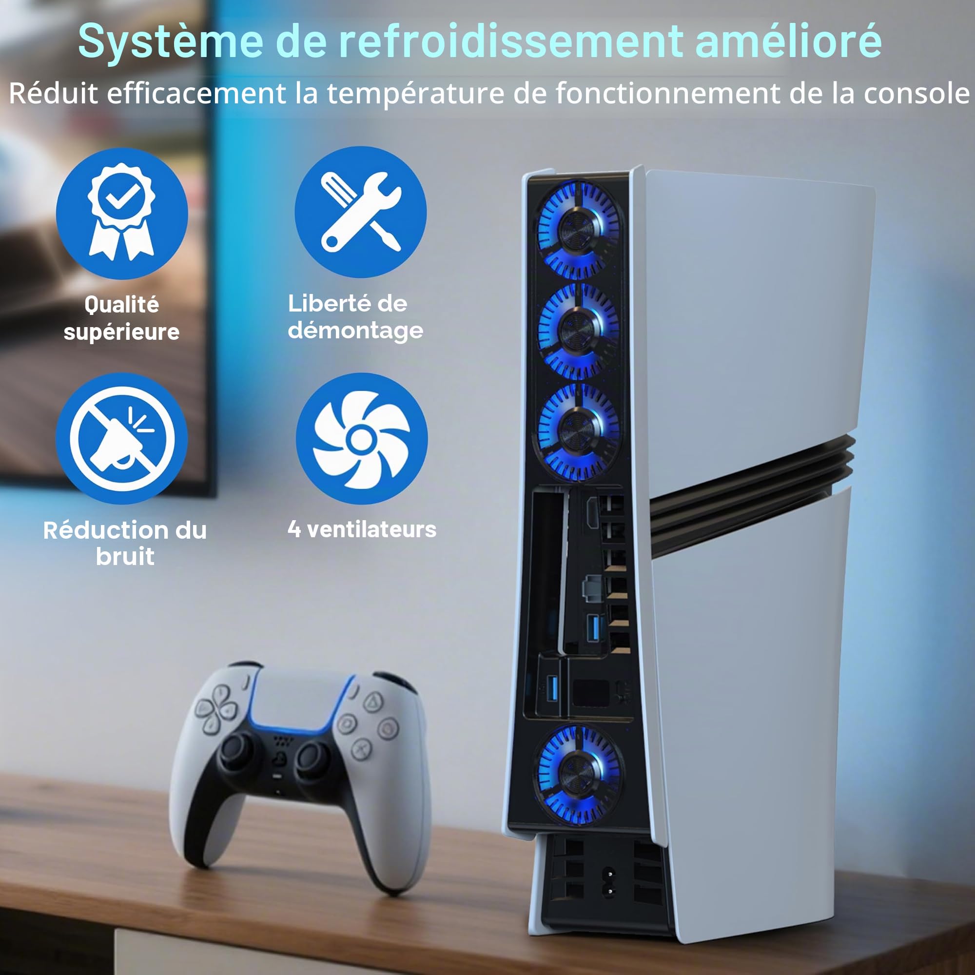 JUSPRO Ventilateur de refroidissement pour PS5 Pro, silencieux amélioré avec 4 ventilateurs de refroidissement avec vitesse réglable, marche/arrêt automatique, accessoires de refroidissement avec port