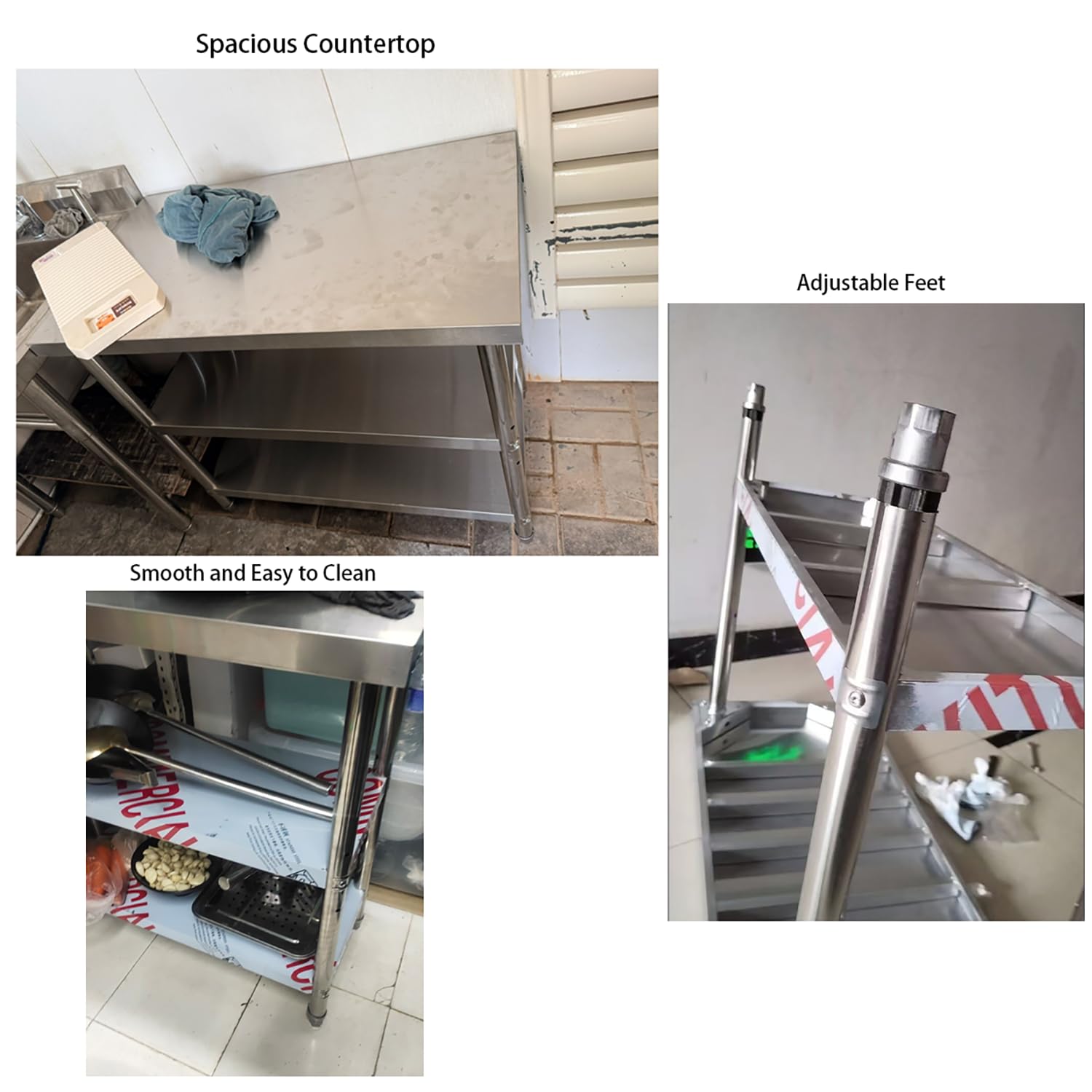 Mesa De Preparación De Acero Inoxidable De 180Cm con Patas Y Estantes Ajustables Estación De Trabajo De Cocina Tres Niveles Bancada Profesional para Talleres,Plata,L150*H80*W50