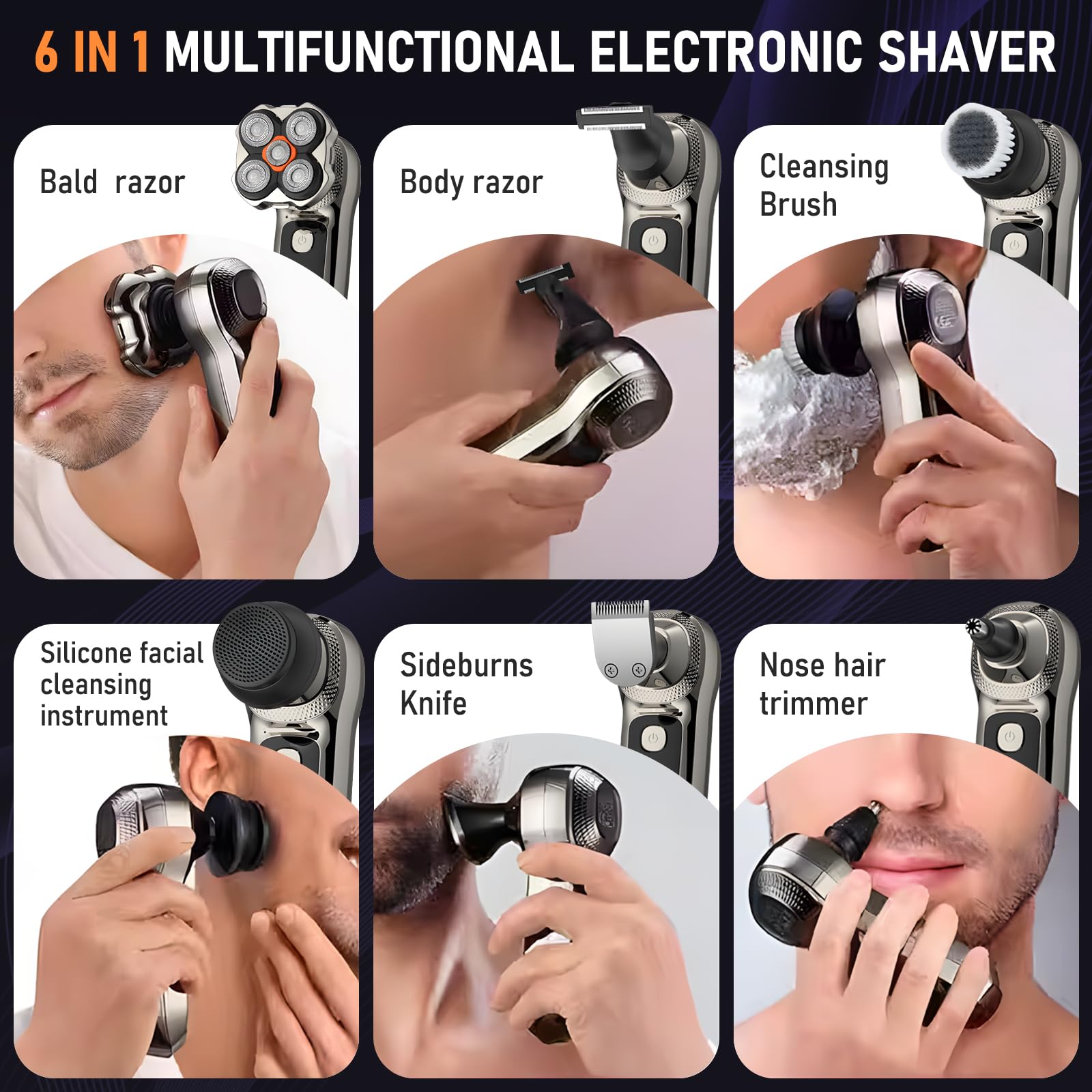 Journeyside Rasoio Testa Calva Uomo 6 in 1, 5D Rasoio Testa Calva Uomo, Uso Asciutto e Bagnato,Rasoio Elettrico Barba Senza Fili, Impermeabile IPX6, Display LED, Adatto per Capelli, Barba,Naso