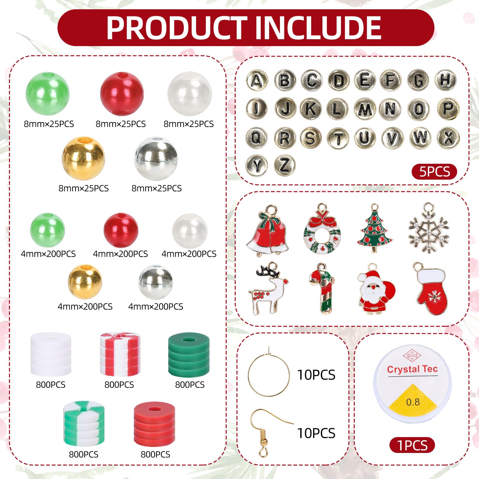 JarThenaAMCS 5284Pcs Christmas Clay Beads Friendship Bracelet Making Kit Xmas Red Green Letter Mixed Loose Spacer Polymer Beads for Holiday Necklace Earring DIY Crafts Gift Jewelry Making