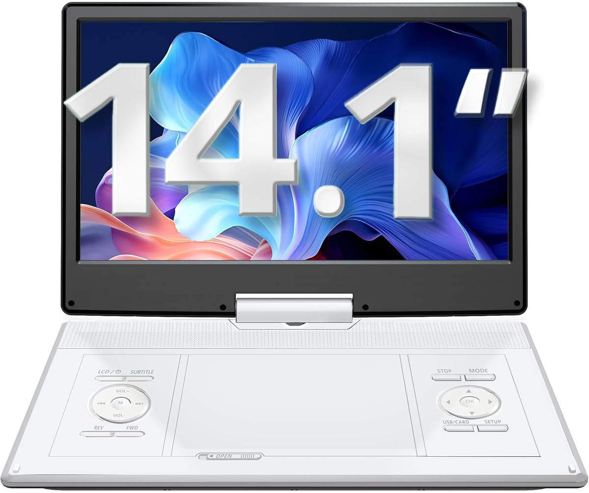 YOTON 16.9" Portable DVD Player, 4-6 Hours Rechargeable Built-in Battery, 14.1" HD Swivel Screen, Dual Stereo Speakers, USB/SD/AV/Audio/Gamepad Support -White [Not Support Blu-Ray]