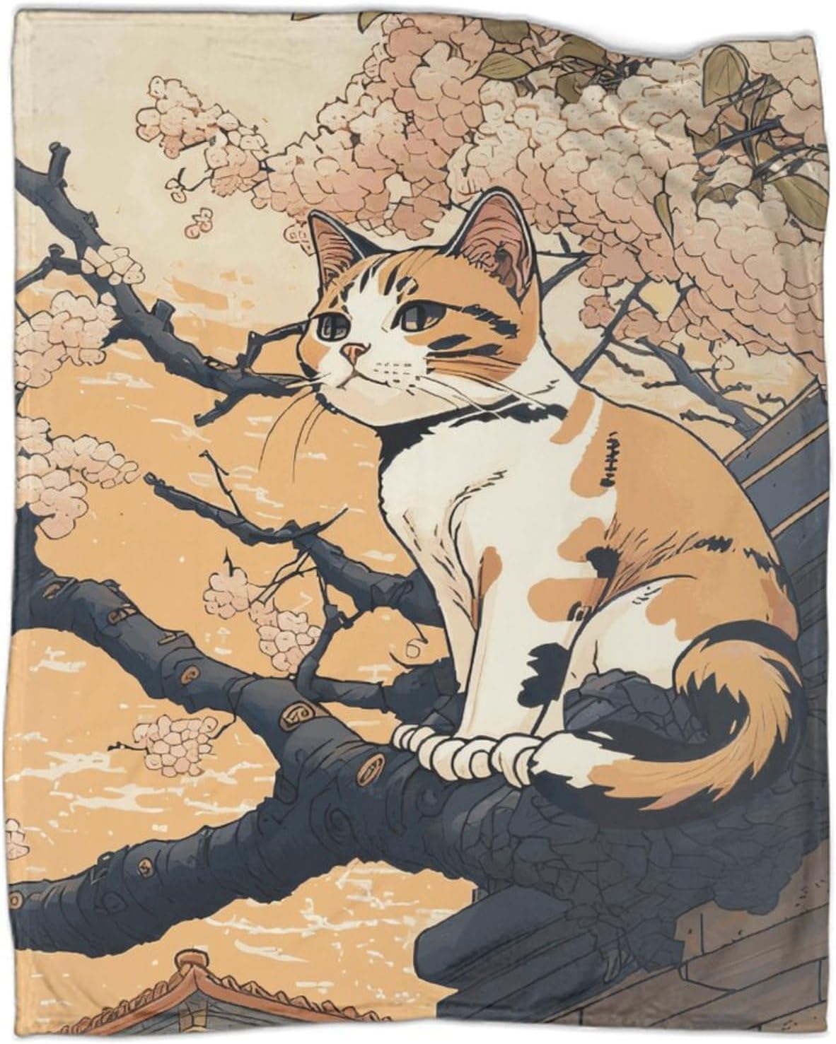 Outdoor Play Blankets Spring Cat Cherry Blossom Plush Throw Ultra Soft