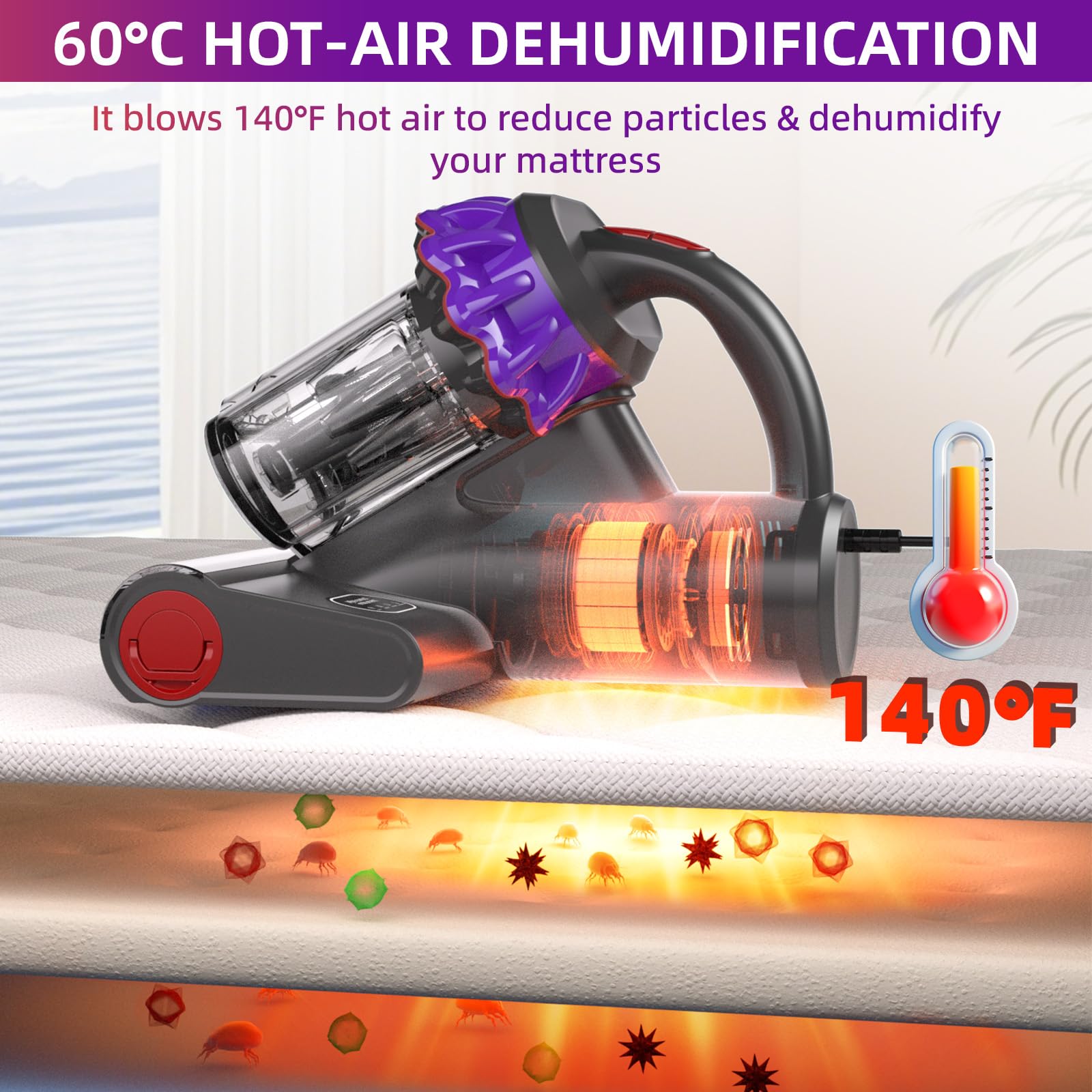 Aspiradora de colchón de 16 Kpa con luz UV-C de 253.7 nm, calor de 140 °F y filtro HEPA, aspiradora de mano de 500 W para sofá, sofá y mascota 5