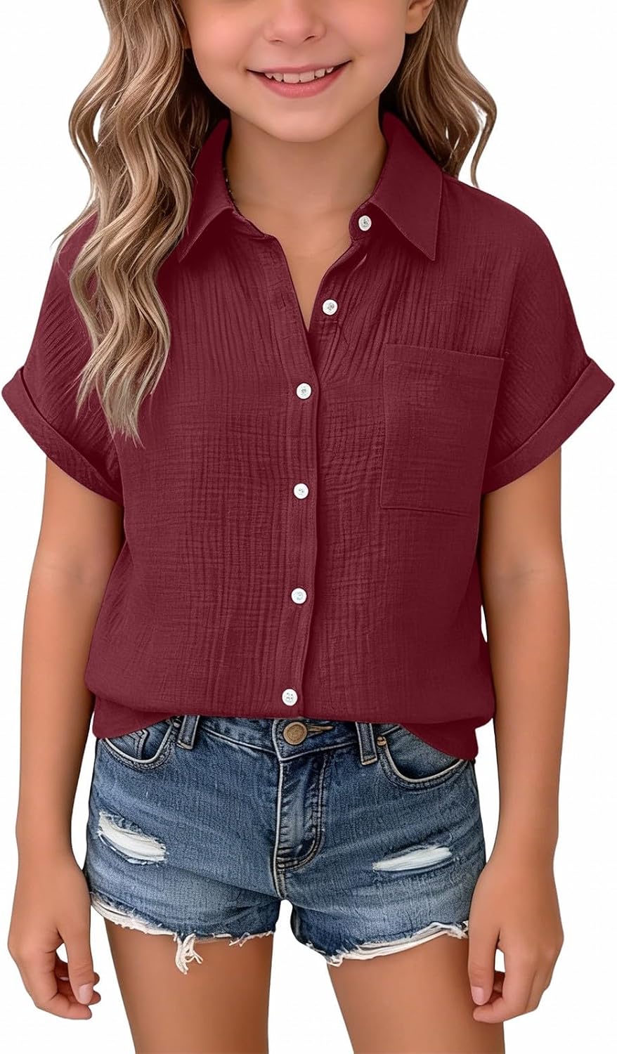 Girls Cotton Linen Shirts Summer Collared Rolled Short Sleeve Button Down Tops Teen Casual Loose Lightweight Breathable