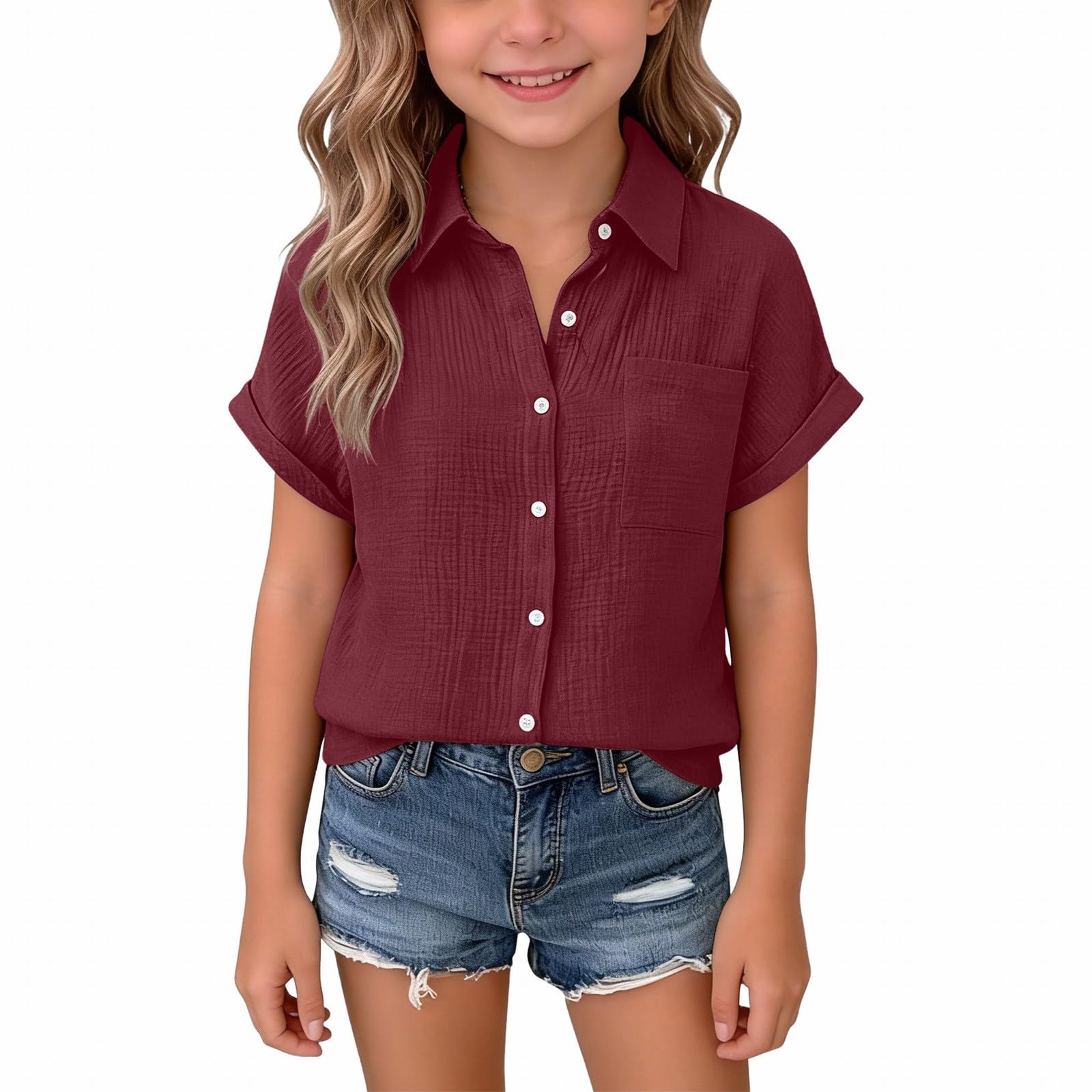 Blusen & Tuniken für Mädchen Casual Musselin Bluse Einfarbig Leinenhemd Locker Baumwolle Leinen Hemd Knöpfe Revers Sommerhemd Dünne Sommer Shirt Leichte Kurzarm Freizeithemden für Kinder Tops Shirts