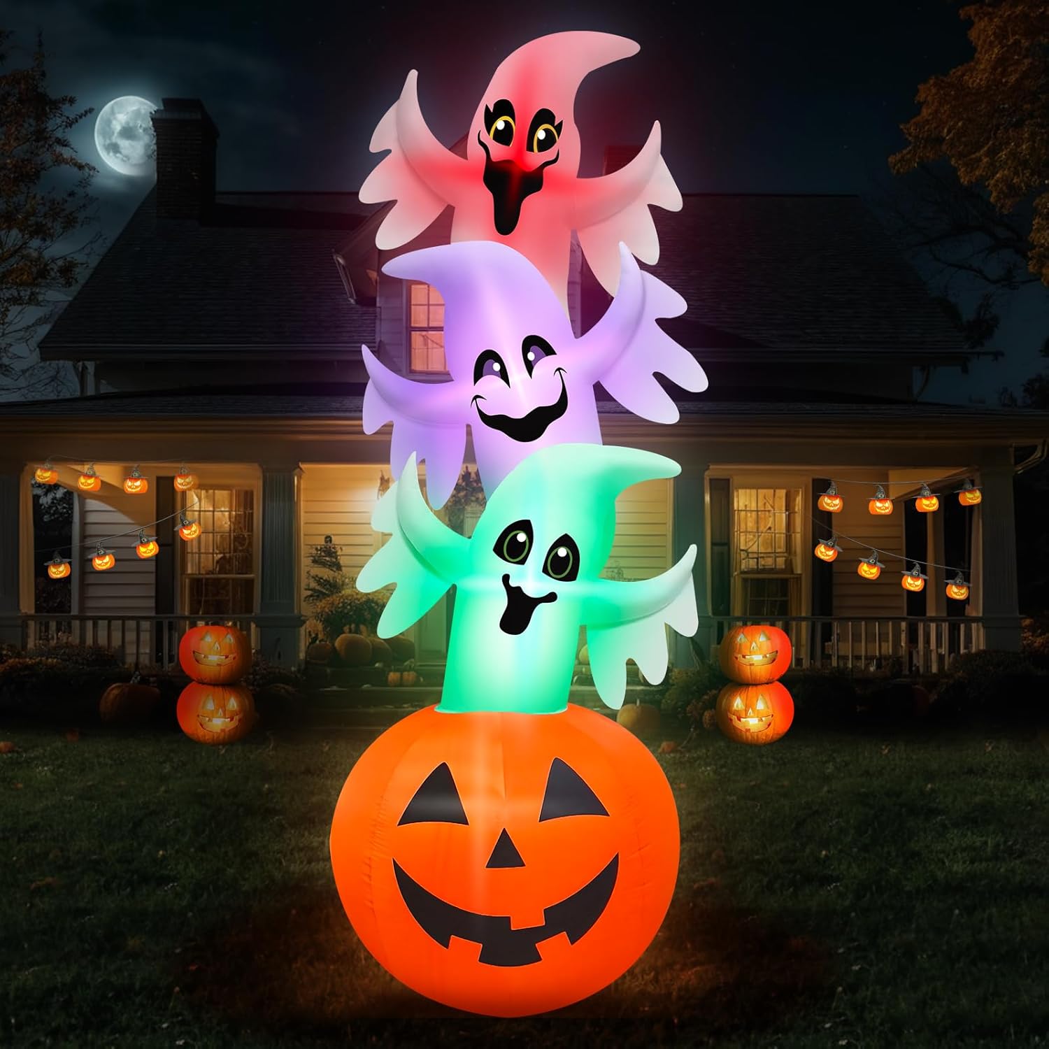 [ 3 Colors Changing Light ] 10.3FT Halloween Inflatables Overlap Ghosts Decoration, Ghost Blow Up Yard Decorations with Pumpkin Inflatable Built-in Flash Lights for Inflatable Halloween Decoration
