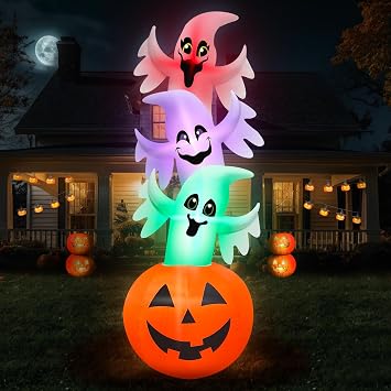 [ 3 Colors Changing Light ] 10.3FT Halloween Inflatables Overlap Ghosts Decoration, Ghost Blow Up Yard Decorations with Pumpkin Inflatable Built-in Flash Lights for Inflatable Halloween Decoration