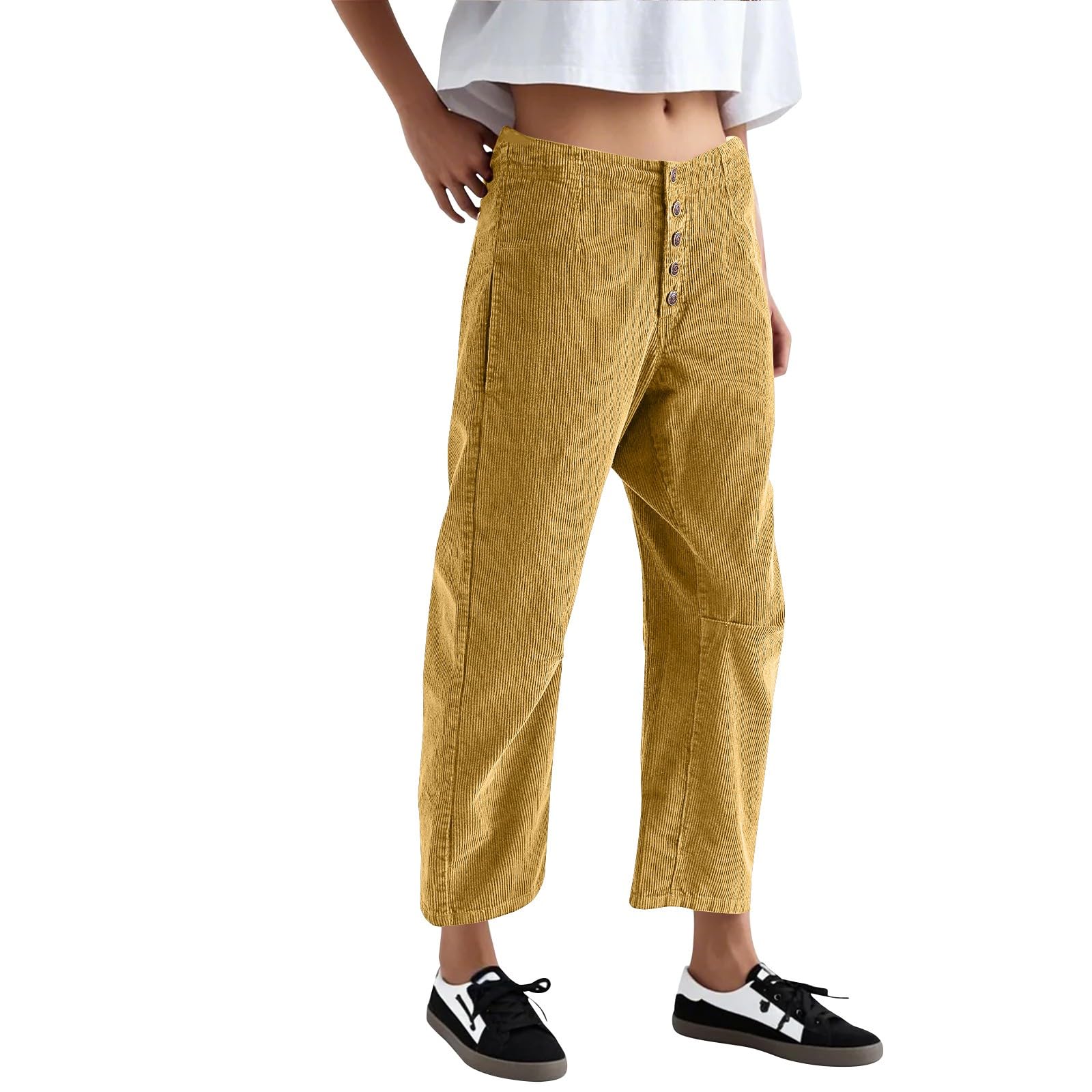 Corduroy Pants Women Button Barrel Low Rise Pants Cropped Casual Pants Wide Leg Snkle Pants Stretchy Trouser with
