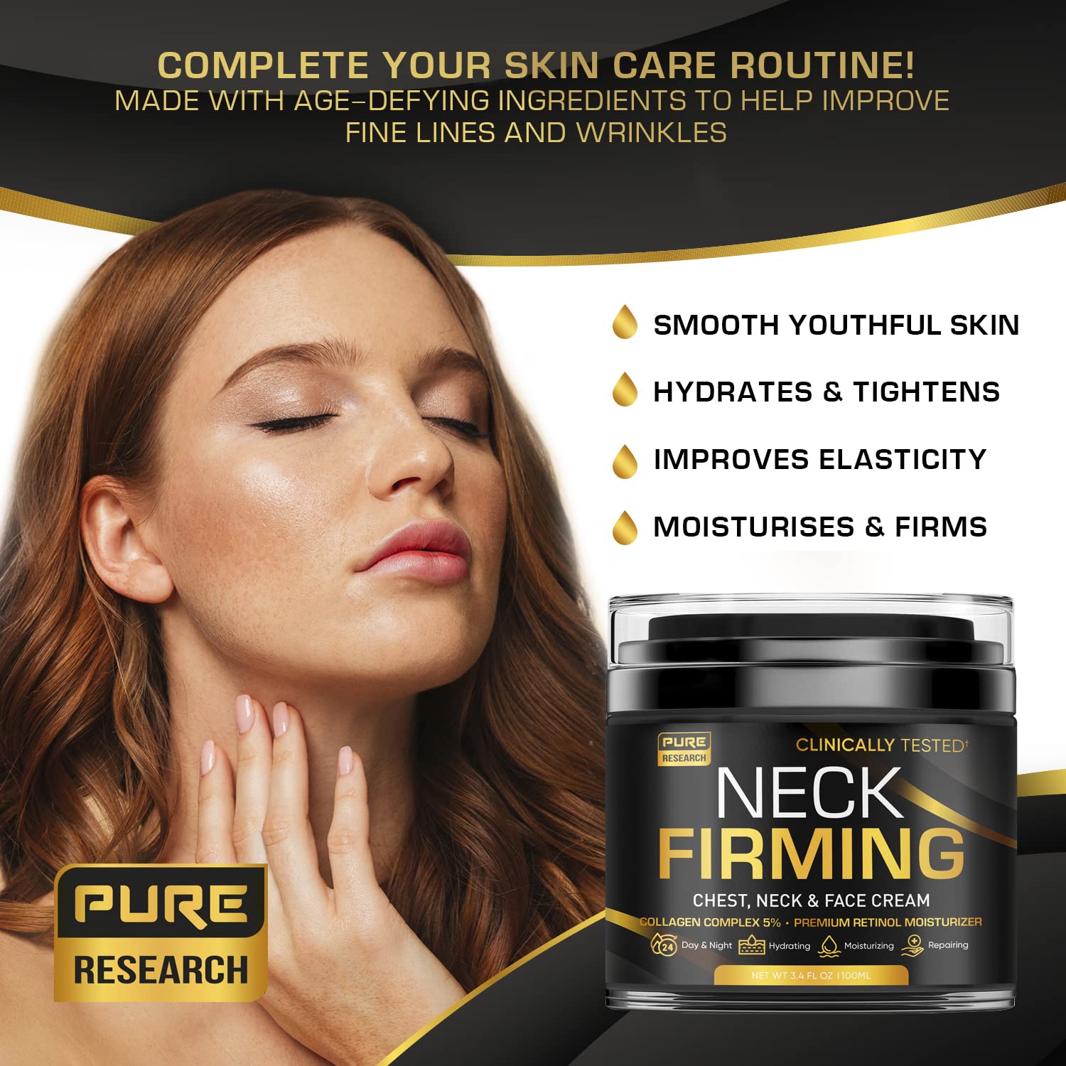 Neck Firming Cream - Anti Wrinkle Cream - Saggy Neck Tightener & Double Chin Reducer Cream - Collagen & Retinol Skin Tightening Cream - Anti Aging Moisturizer for Neck & Décolleté 3.4oz - Image 3