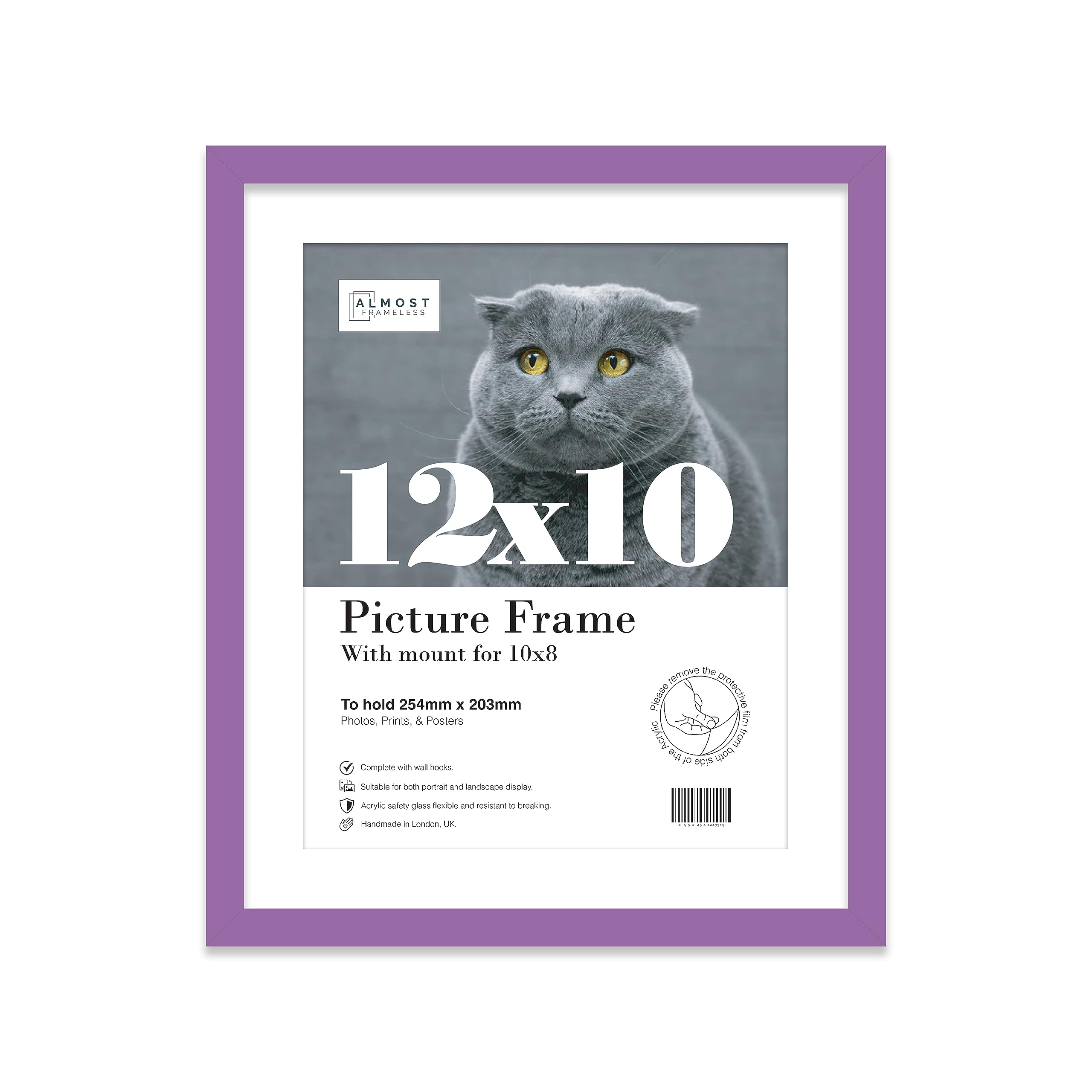 Almost Frameless 12x10 Purple Picture Frame With Mount for 10x8 Print, Poster or Photo Poster, Photo, Artwork, or Print. Thin Edge Slim Frame Portrait and Landscape Display with Wall Hooks