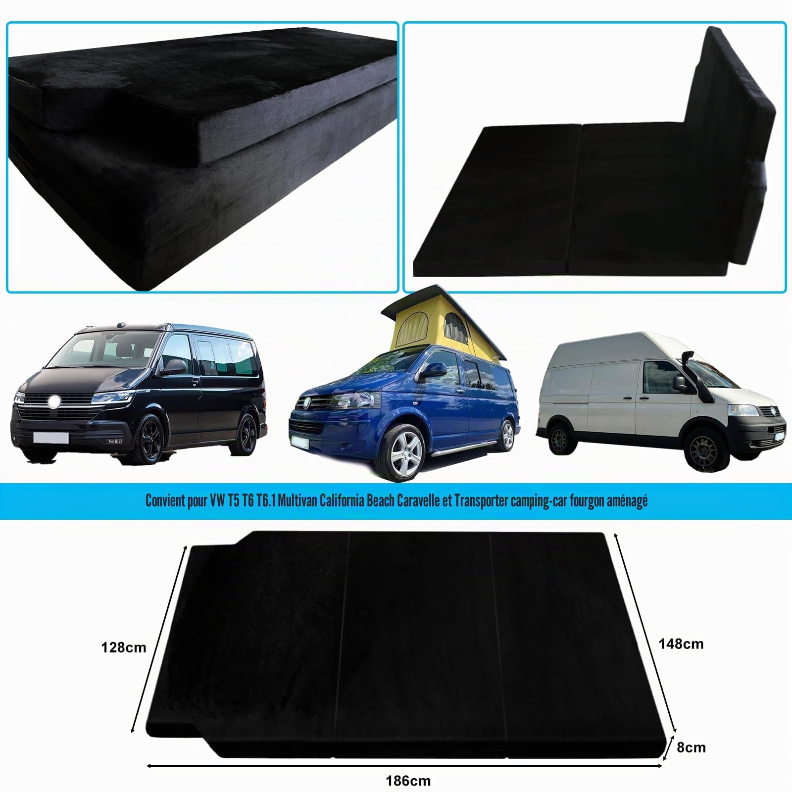 Matelas Pliant Portable épais Compatible avec VW T5 T6 T6.1 Multivan California Beach Caravelle et Transporter 186 x 148 x 8 cm Accessoires de Camping-Car