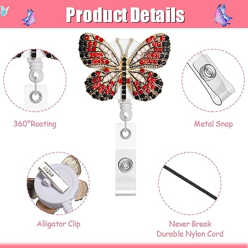 Miniatura 4 de Paquete de 4 carretes retráctiles con diamantes de imitación de mariposa para enfermera, con clip de cocodrilo giratorio, cordón de nailon, soporte