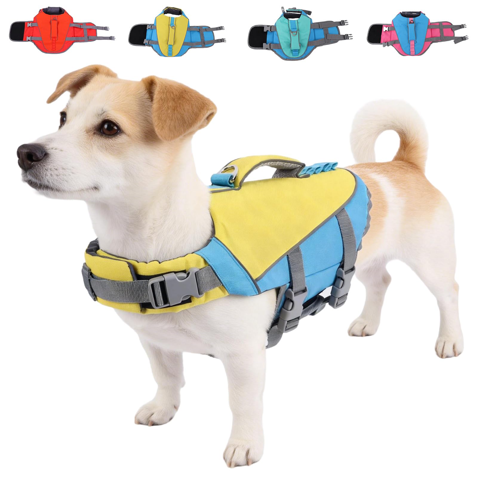 Dog Life Jacket, Adjustable dog life vest for swimming with Superior Buoyancy & Rescue Handle for Small Medium Large Dogs, High Visibility Reflective Float Coat for Boating Beach Pool (Yellow-blue, L)