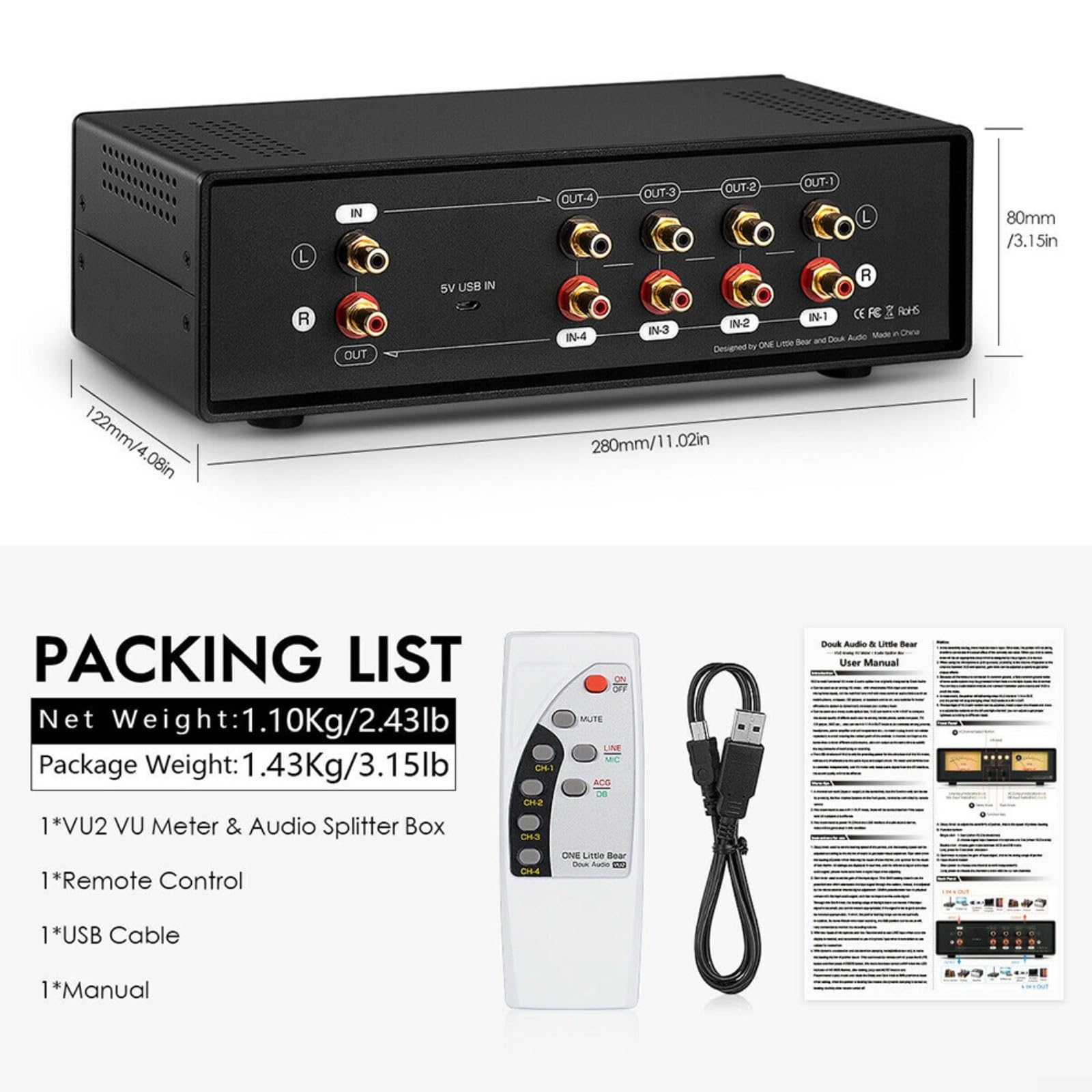 Medidor VU analógico de 4 vías, interruptor de audio de panel DB, indicador de nivel de sonido con entrada RCA para oficina de estudio en casa, caja divisora 4 en 1, control remoto incluido