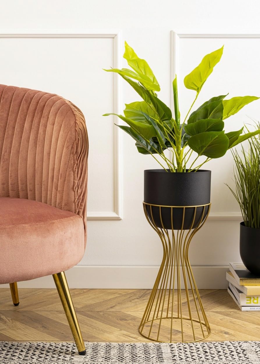 Moderno supporto per fiori in metallo, altezza 46 cm, con vaso di fiori nero, rotondo, diametro 18 cm, supporto in oro robusto, per la decorazione di interni