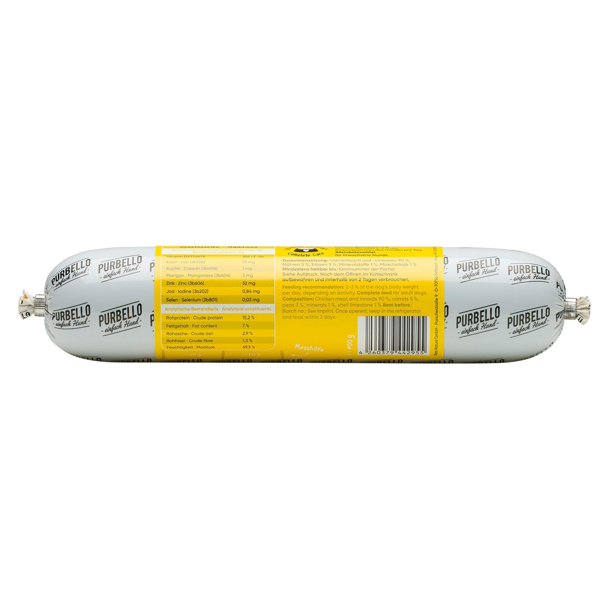 PURBELLO Lot de 8 Rouleaux de Nourriture pour Chien monoprotéine à Haute teneur en Viande au Poulet avec Carottes et Petits Pois Résistant aux coupures et sans céréales 8 x 400 g