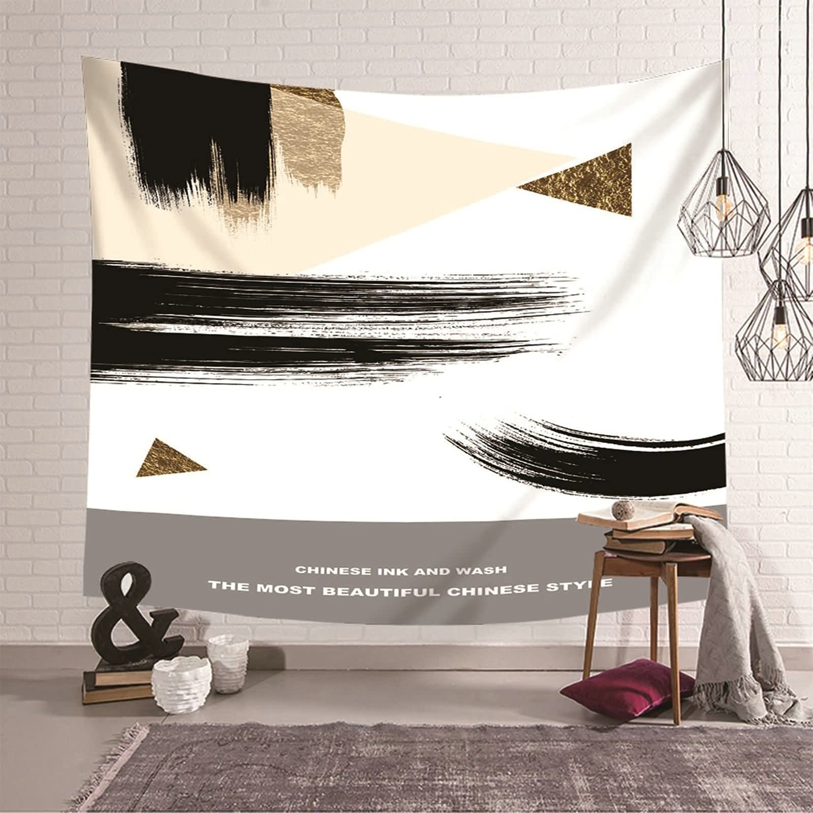 Tapiz de pared geométrico abstracto moderno dorado decoración salón 150x130