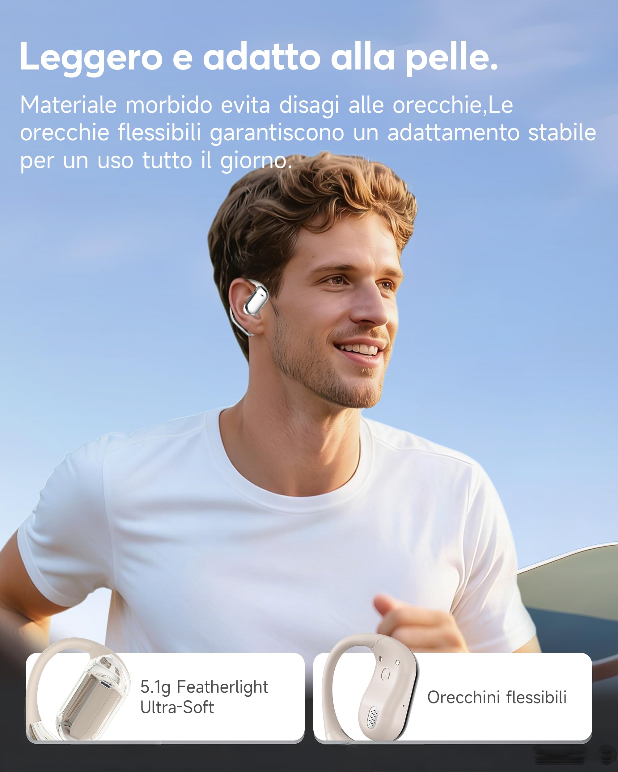 Cuffie Bluetooth Auricolari Bluetooth 5.4, Sport Cuffiette Wireless, Cuffie Open Ear 48 Ore di Riproduzione, Cuffie Senza Filo HiFi Stereo IP7 Impermeabili, Auricolare per iOS & Android, Beige Sabbia