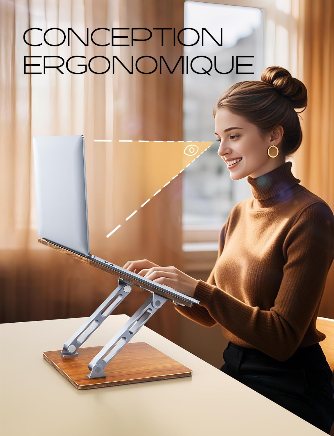CIRYCASE Aluminium & Bois Support Ordinateur Portable à Double Barre | Laptop Stand Réglable, Rehausseur PC Portable Bureau Ergonomique Compatible avec MacBook, HP et Autres Laptops 10 à 16 Pouces