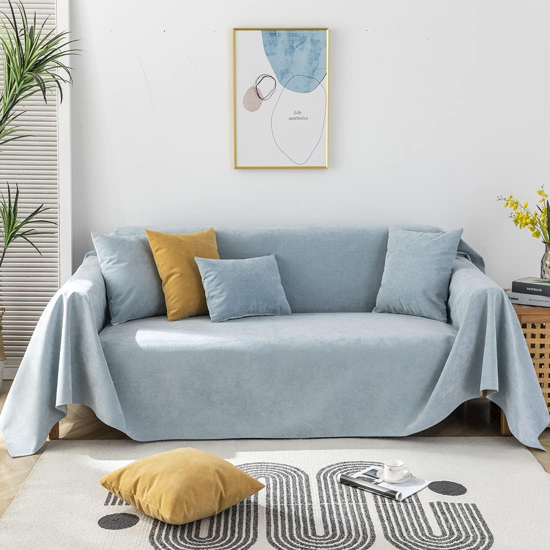 Farmhouse Sofa Cover Solid Color Couch Covers Non Slip Thick Medium Sectional Couch Cover for Living Room Couch Protector for Dogs Pet (Light Blue,70"x90")
