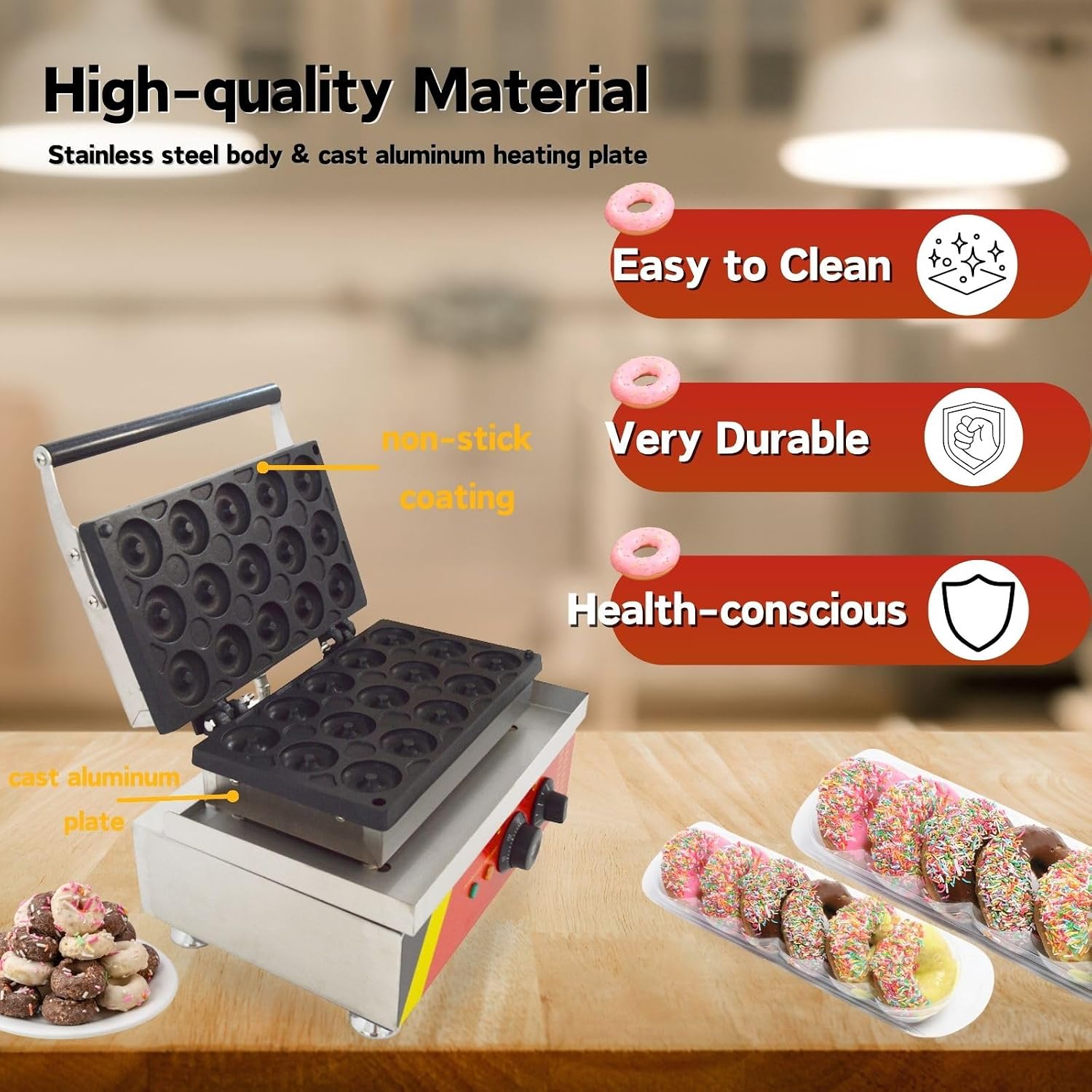 15 Holes Commercial Donut Maker Machine Double-Sided Heating with Adjustable Thermostat Non-Stick Coating 110V for Restaurant Bakery Home Use 1750W (15 Mini Donuts)