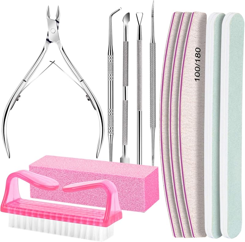 FANDAMEI Kit de cuidado de uñas, limas de uñas 100/180, bloque pulidor de uñas, pinzas para cutículas, cortacutículas, empujador de cutículas, herramientas para uñas, kit de uñas, herramientas de pedicura y manicura, kit de preparación de uñas, kit de manicura para mujeres