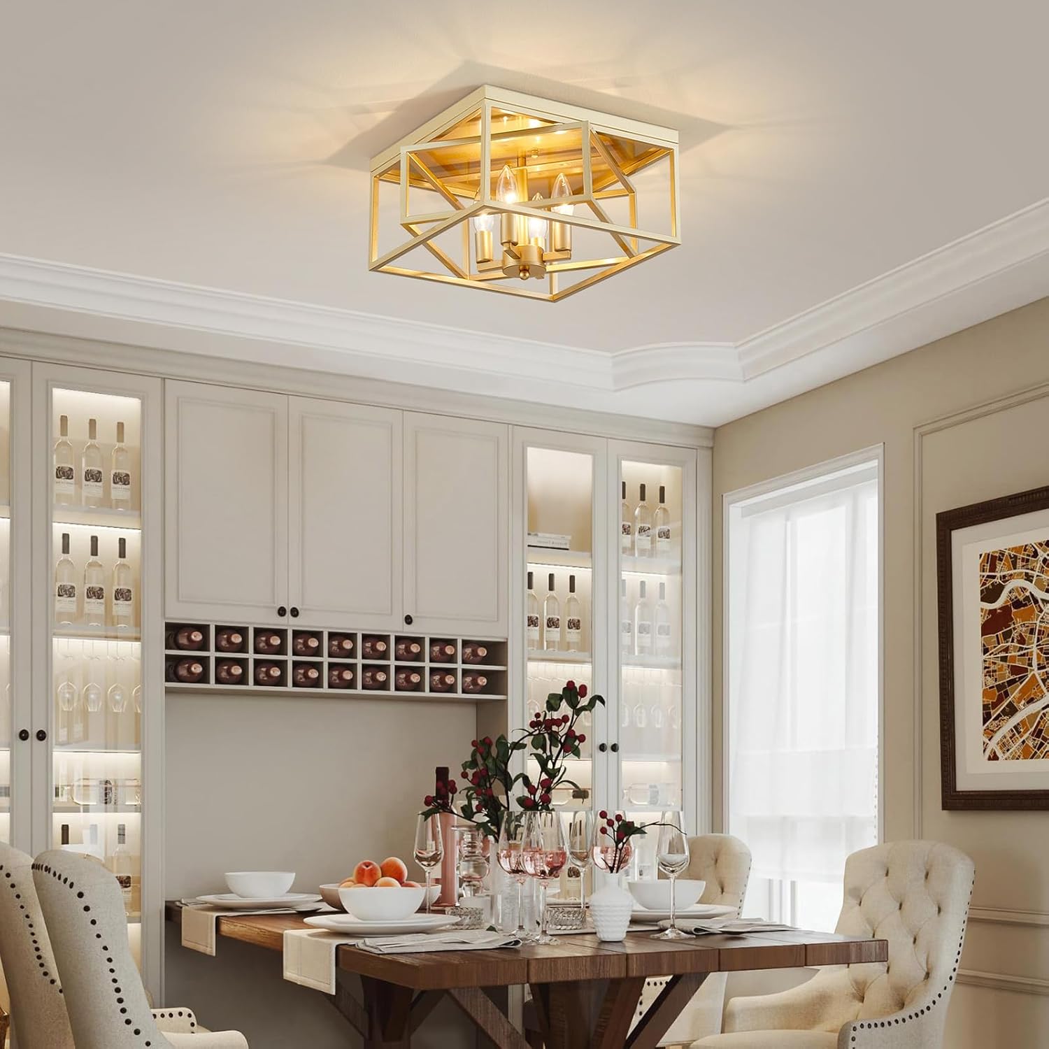 Square Ceiling Light, 4-Light Flushmount Modern Close to Ceiling Light Fixture for Living Room, Bedroom, Dining Room, L13 x W13 x H7 inch, Gold Finish Frame