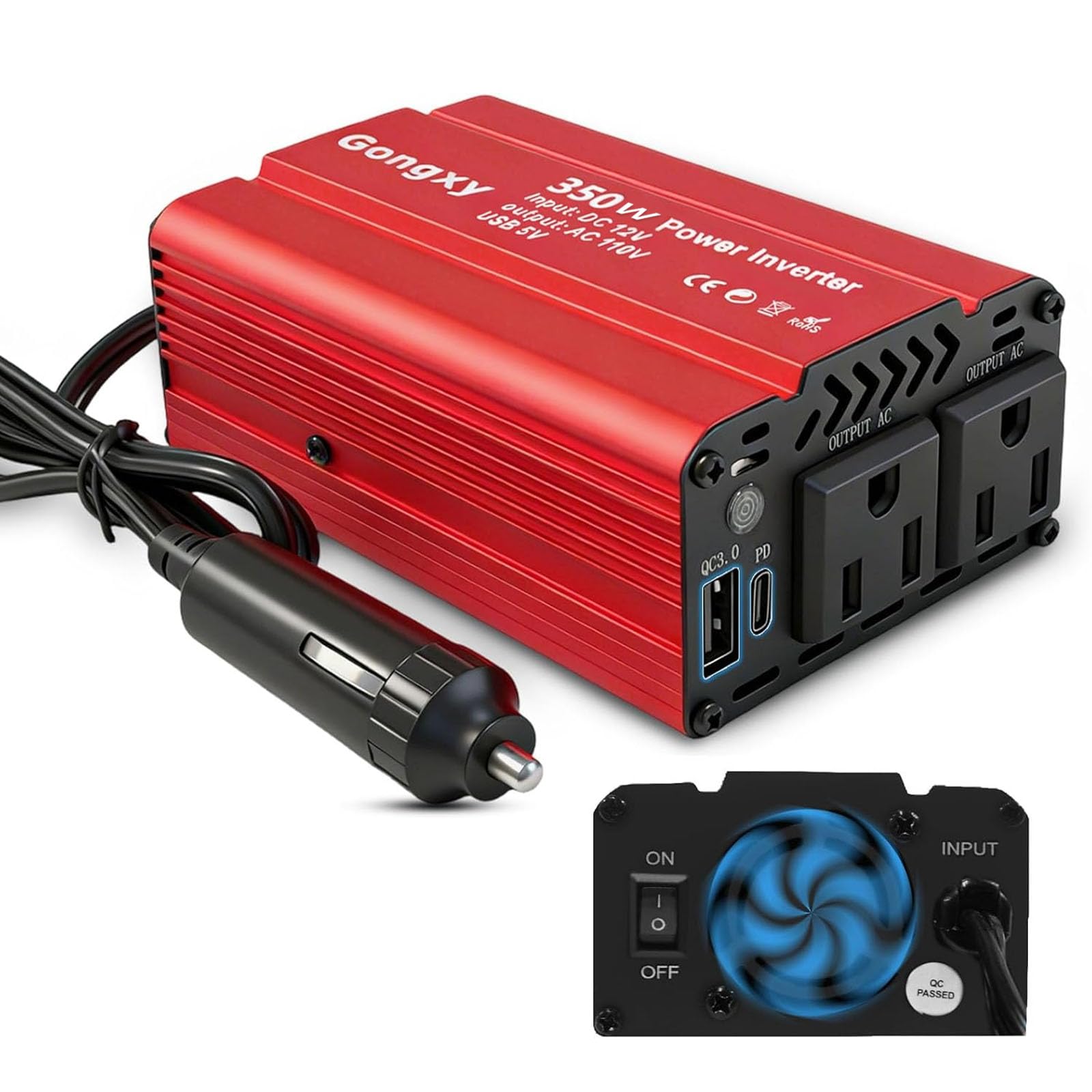 Przetwornica mocy 350 W dla pojazdów 12 V na AC 110 V Przetwornica samochodowa Wtyczka ładowarki do USB QC 3.0 PD(65 W), adapter ładowarki samochodowej do podróży