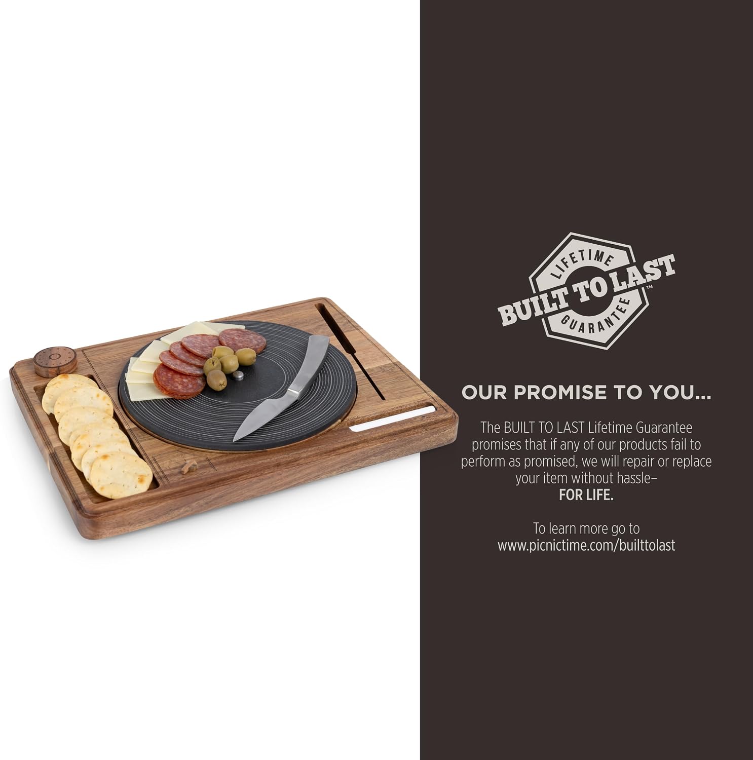 PICNIC TIME Turntable Cheese Board with Knife, Retro Vinyl Record Charcuterie Board, Spinning Lazy Susan Serving Slate Tray with Chalk for Labeling, (Acacia Wood)