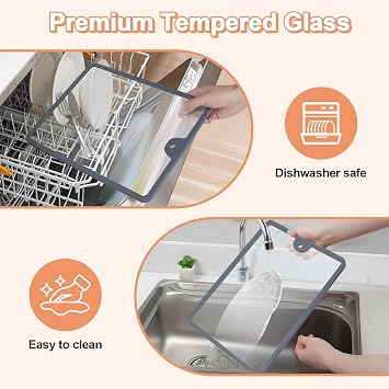 Joeyan 2Pcs Tempered Glass Cutting Boards Set- 15x10 & 12x8 Shatterproof Kitchen Chopping Board with Non-Slip Grips, Hanging Hole & Heat-Resistant for Meat Prep, Serving, Countertop Protection