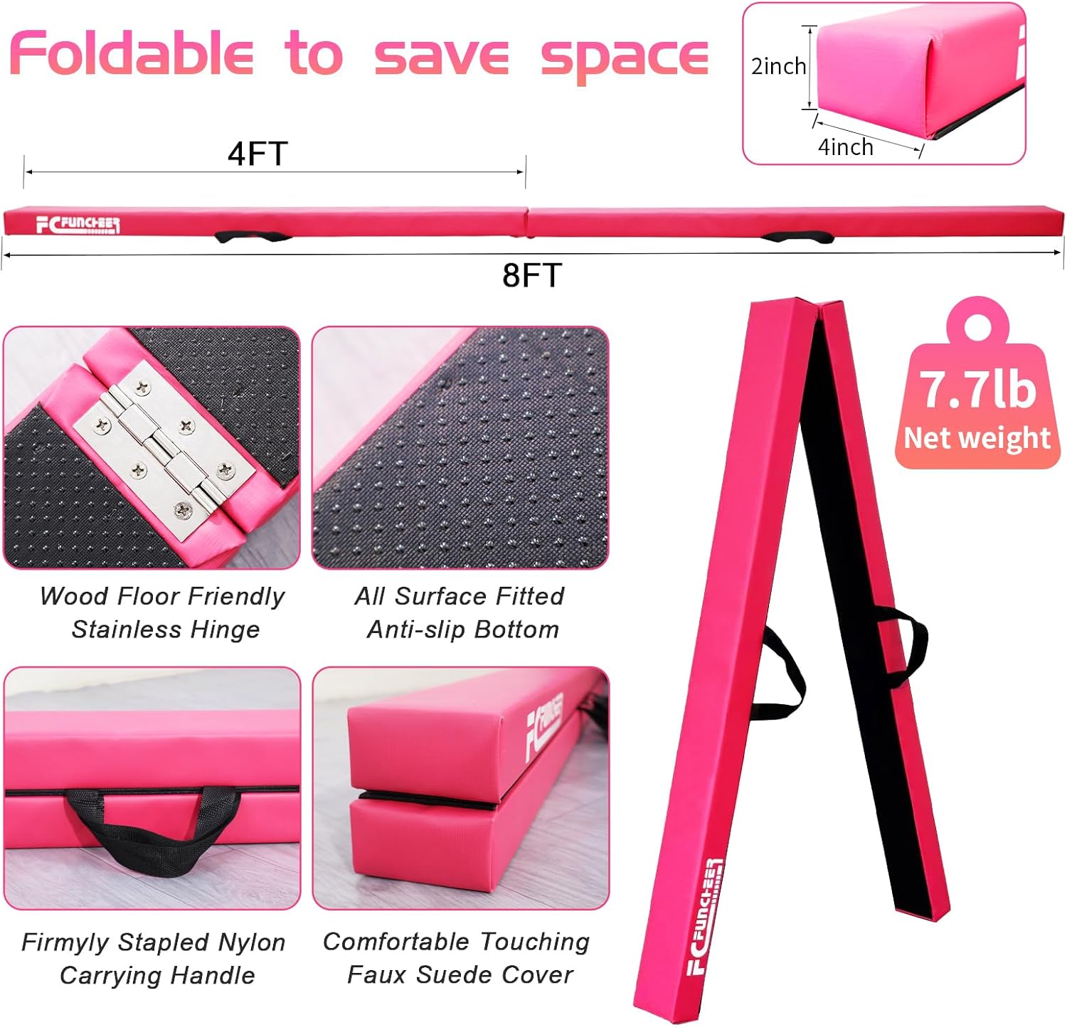 fc funcheer 8ft folding balance beam -gymnastics floor beam -gymnastics equipment for kids,wood core- anti-slip bottom and carrying bag for home light pink polyester