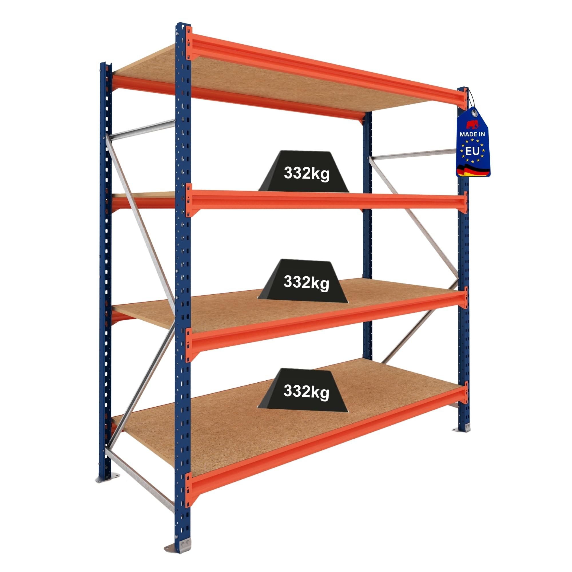 PROREGAL Weitspannregal Schwerlastregal Lagerregal Dominus | Grundregal | HxBxT 200x240x60cm | 4 Ebenen | Spanplatten-Fachboden | Fachlast 332 kg | Blau/Orange