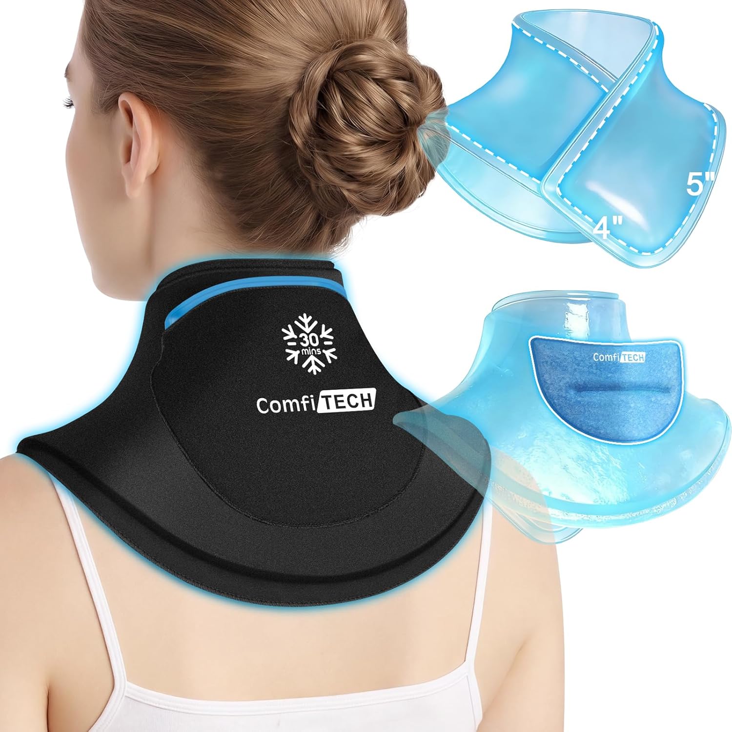 ComfiTECH Dual-Gel 30-Min Cooling Neck Ice Pack Wrap, Extra Long Detachable Cold Pack with Extended Coverage for Cervical, Shoulder and Rib, Reusable Hands-Free Relief for Stiff Neck, Large