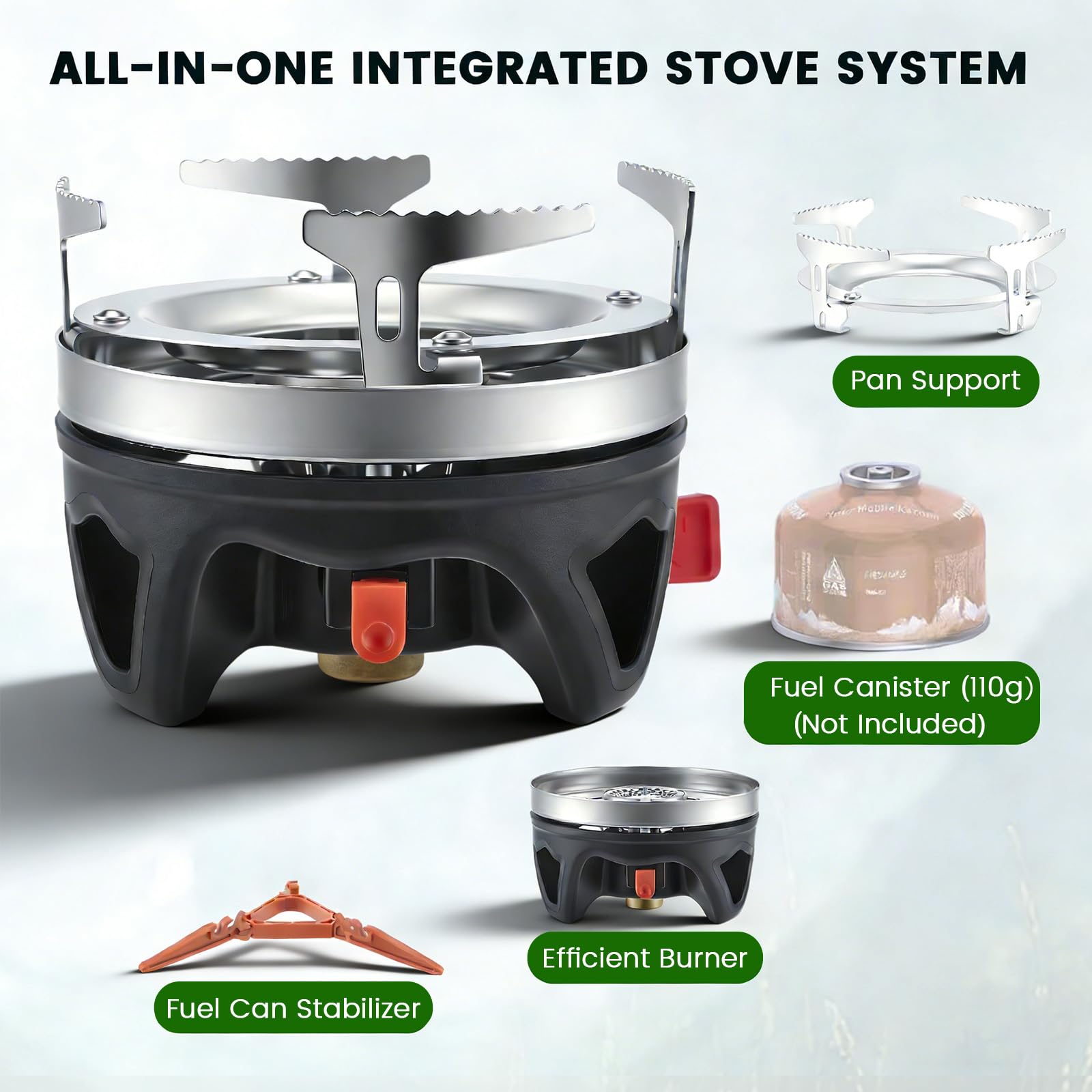 0,9L Réchaud de Camping Gaz Ultra-Léger Système de Cuisson Intégré, Couronne Énergétique, Allumage Piézo & Pot Support – Brûleur Portable Éco-énergétique pour Randonnée, Trekking et Backpacking